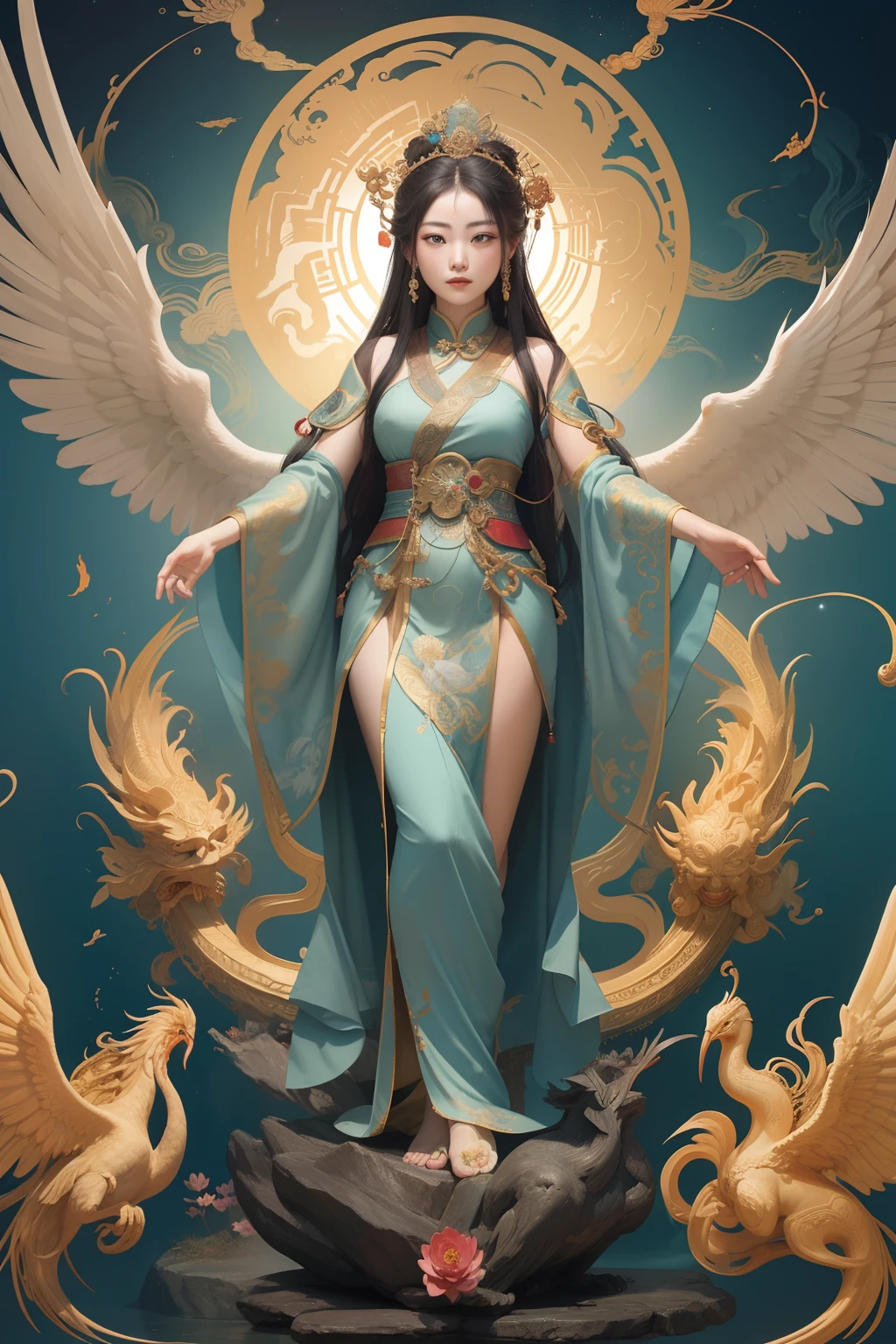 an ancient Chinese goddess, guanyin of the southern seas, Guanyin, Inspired by China, Avalokiteshvara rides a phoenix，,Serene expression,shui mo hua,Buddha,Buddhist,Lotus,Chinese painting style,Thangka style