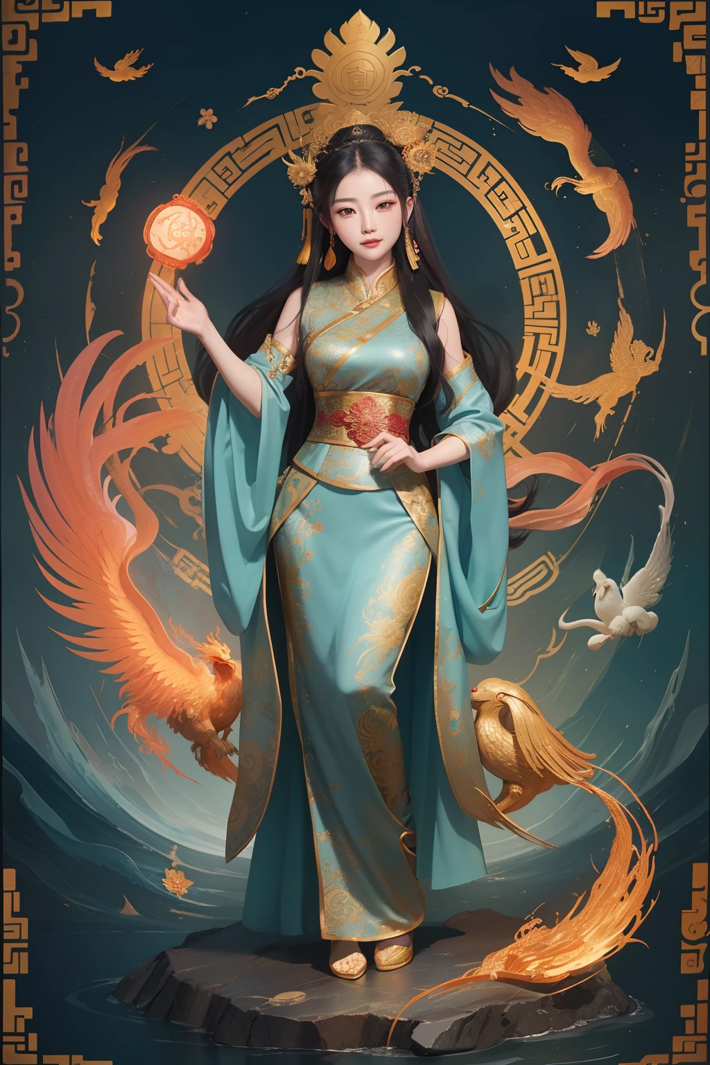 an ancient Chinese goddess, guanyin of the southern seas, Guanyin, Inspired by China, Avalokiteshvara rides a phoenix,,Serene expression,shui mo hua,Buddha,Buddhist,Lotus,Chinese painting style,Thangka style