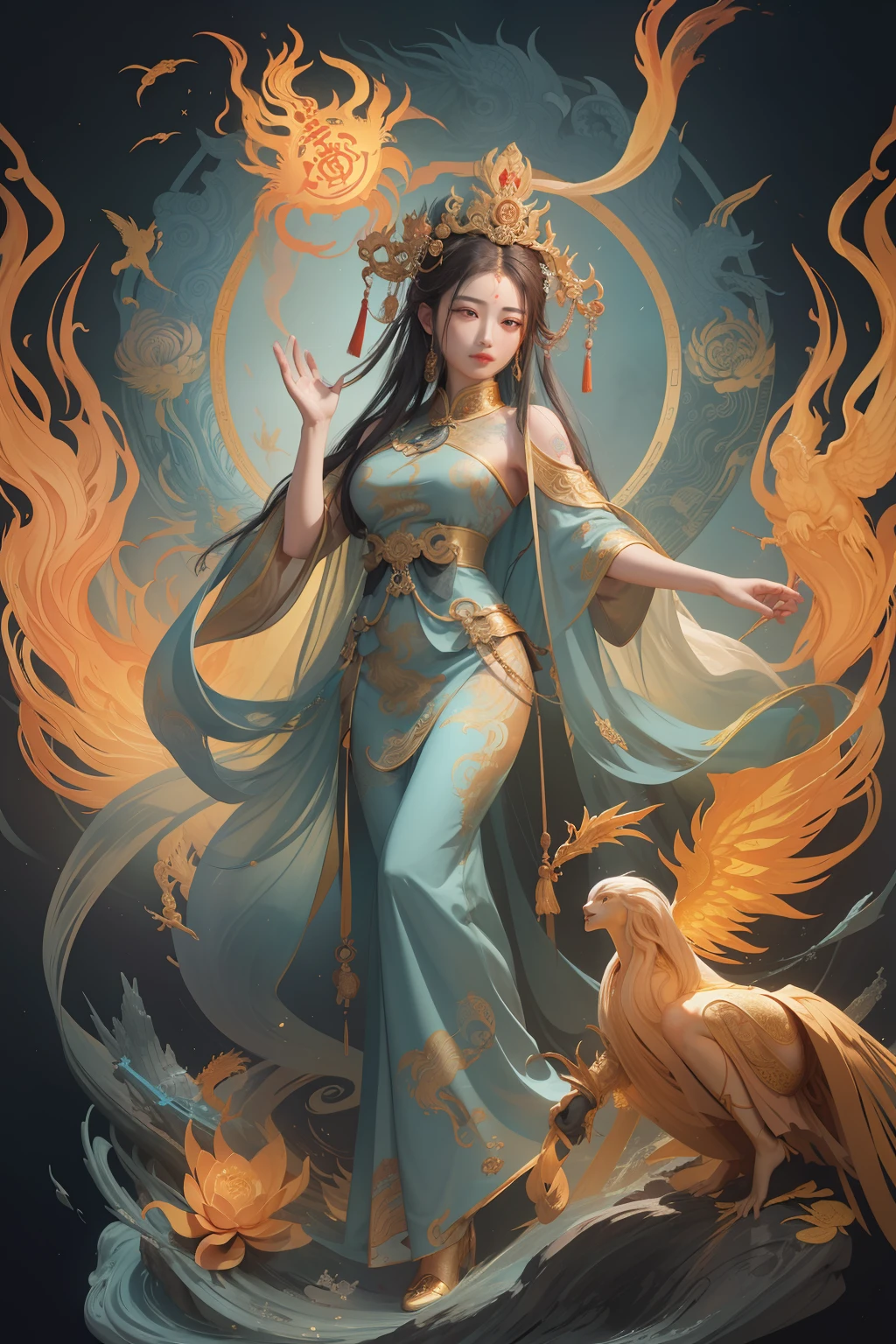 an ancient Chinese goddess, guanyin of the southern seas, Guanyin, Inspired by China, Avalokiteshvara rides a phoenix，,Serene expression,shui mo hua,Buddha,Buddhist,Lotus,Chinese painting style,Thangka style
