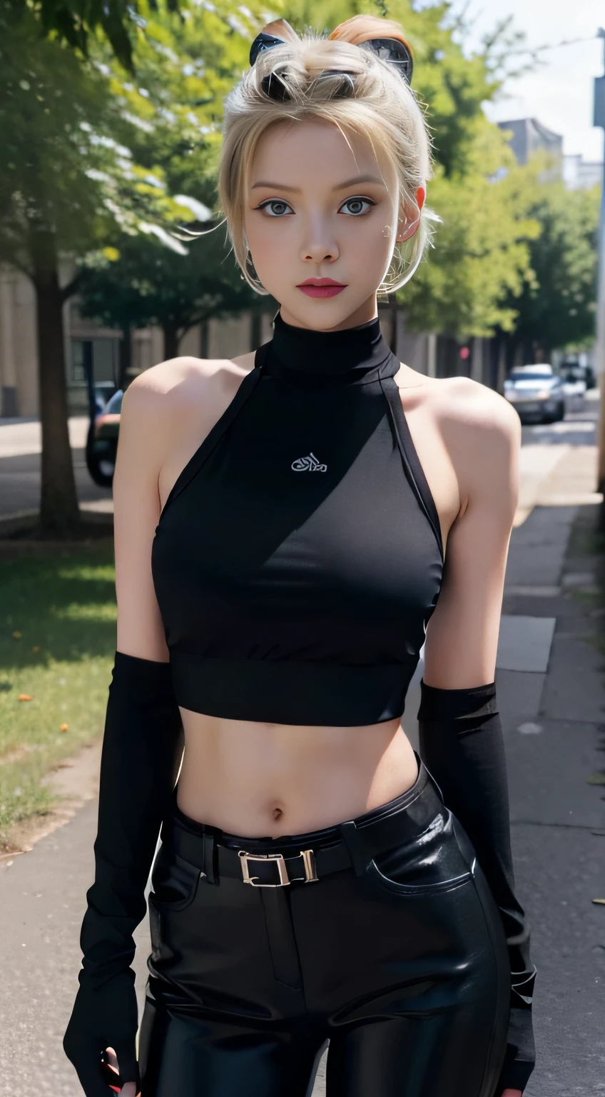 masterpiece, best quality, highres, 1girl, cammy white, short hair, antenna hair, blue eyes, scar on cheek, large breasts, black choker, collarbone, sports bra, midriff, fingerless gloves, black gloves, black pants, standing, cowboy shot, outdoors, arms at sides, straight-on,