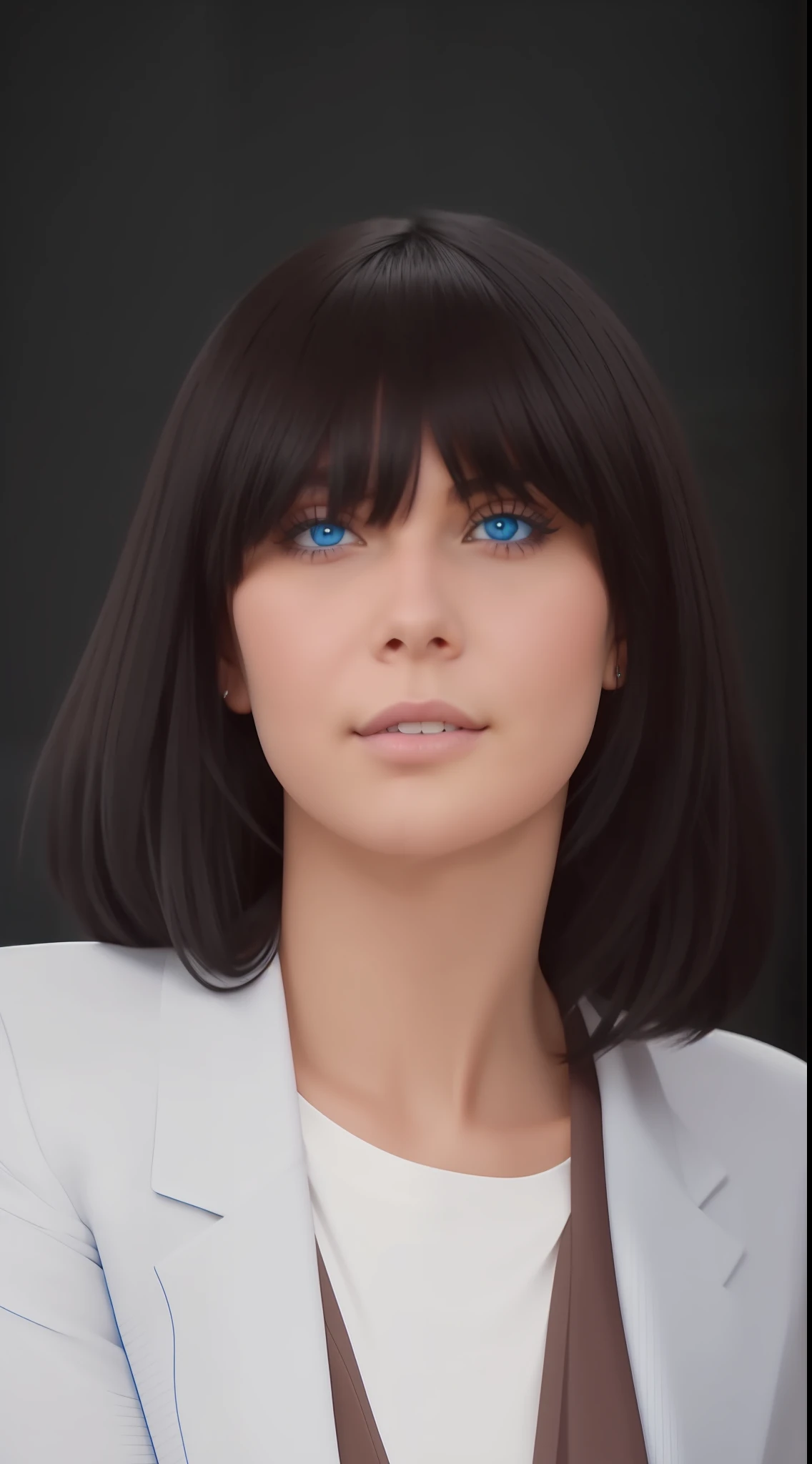 a black haired women with blue eyes, facing and looking at the camera