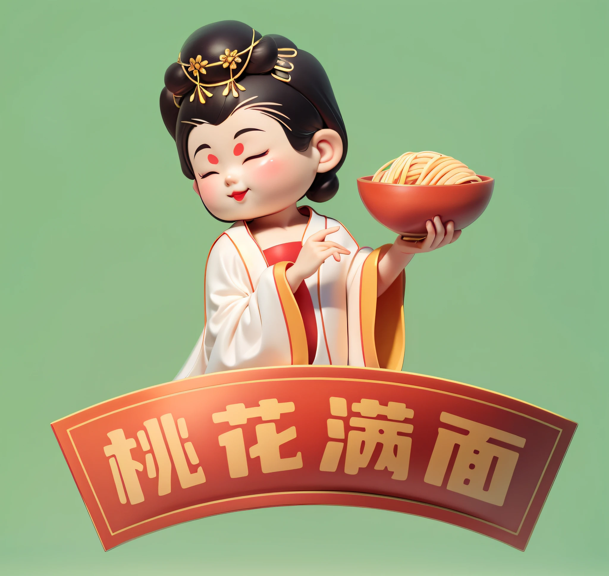 (Masterpiece),(Best quality),(Ultra detailed), Masterpiece, High quality, Best quality, 3Drenderingof, 1girll, Holding a bowl of noodles in his hand, Bright red bowl,Cherry small mouth, Squint and smile, (Black bun:1), (Black color hair:1),white backgrounid, Redlip, ssmile, The index finger of the right hand points to the bowl, golden headdress, Orchid finger, Chest covering, Tang dynasty lady,the Tang Dynasty,Pink underwear,white clothes,(Bright red bowl:1),white backgrounid,Delicious rough noodles,Floral headdress,