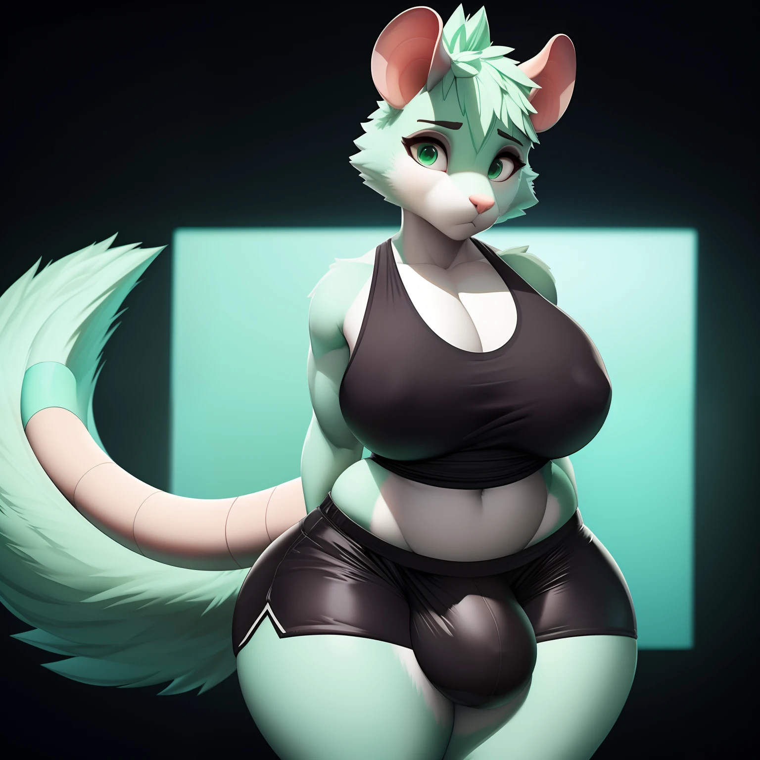 Solo, 1Boy, Boy, male, massive thighs, big butt, (((no boobs, flat chest))), (((huge bulge))), (((femboy))), rat tail, cute, detailed, Black Background, romantic lighting, beautiful, good details, 3D, photography, Unreal engine, (((rat))), (((light mint green fur))), girly, (e621), black tank top, booty shorts, wide hips, Short shorts, (((uploaded to e621))), (((by picturd))), worried look