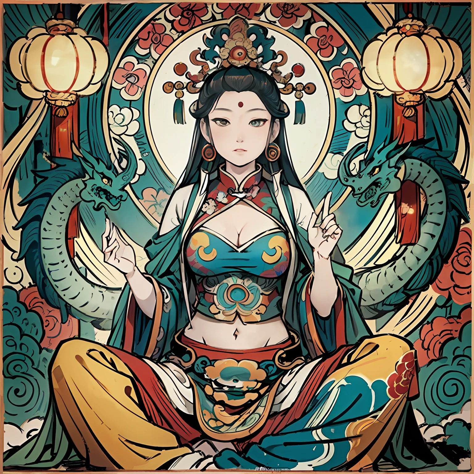 An ancient Chinese goddess, Guanyin of the Southern Seas, radiates serenity with her inspiring countenance, reminiscent of India's Avalokiteshvara Bodhisattva, she embodies the Buddhist essence with her naked form subtly hinted in a nsfw manner. This captivating image is rendered in the intricate shui mo hua Chinese painting style, showcasing intricate details and delicate brushwork. With vivid colors and stunning resolution in 8k, every element shines like a Thangka, revealing Guanyin's divine and compassionate form. Nsfw, naked, pubic, drangon