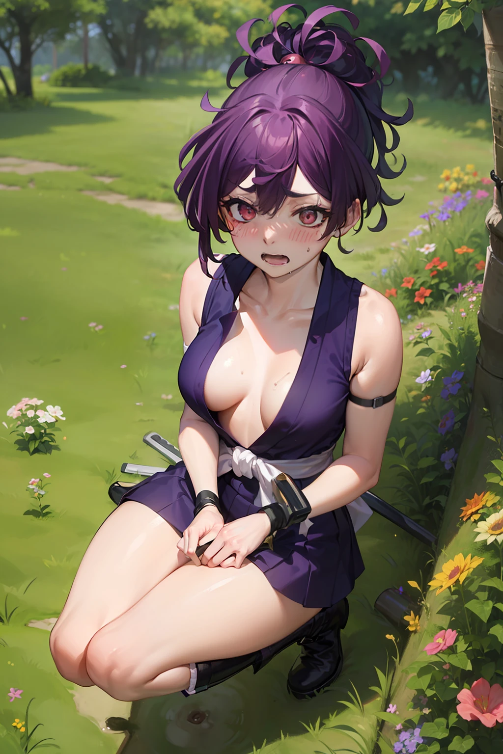 best quality, masterpiece, (from above:1.3), squatting, spread legs, (peeing:1.3), hidden,
1girl, yuzuriha_(jigokuraku), purple hair, brown eyes, ninja, open clothes, cleavage, small breasts, topknot, medium hair, white obi, (looking back:1.1), outdoors, forest, (blush:1.2), (wavy mouth:1.4), (wide eyed:1.2), open mouth, purple boots, (reaching out:1.2), bush, (embarrassed:1.3), , hidden,