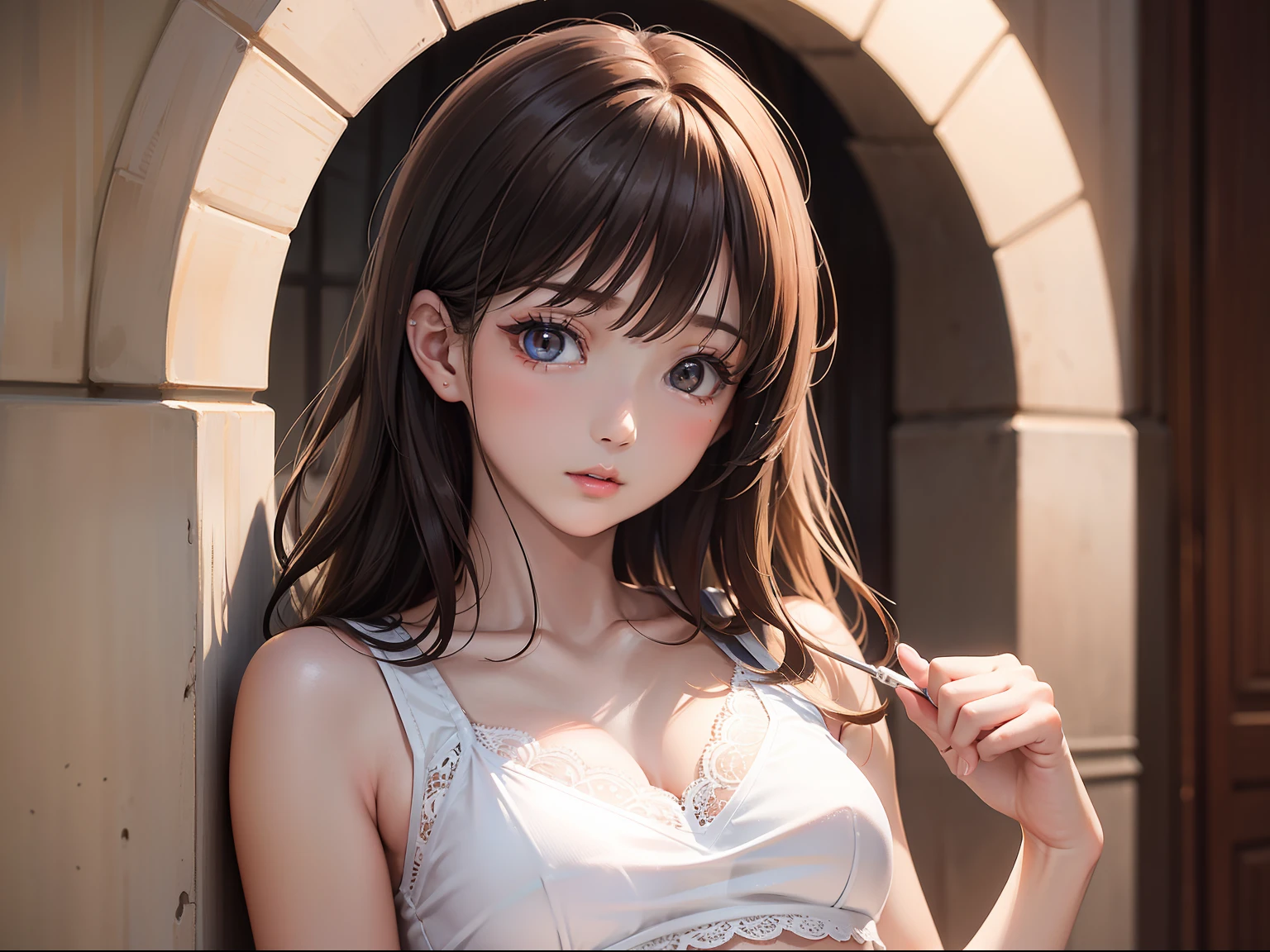 tmasterpiece,best qualtiy,super-fine,Photorealsitic,Look at the audience,Delicate lighting,Extremely detailed skin tone,Fine hair,shadowing,8K分辨率,1 girl,short crop top,Lace,full bodyesbian,Brighten skin tone。