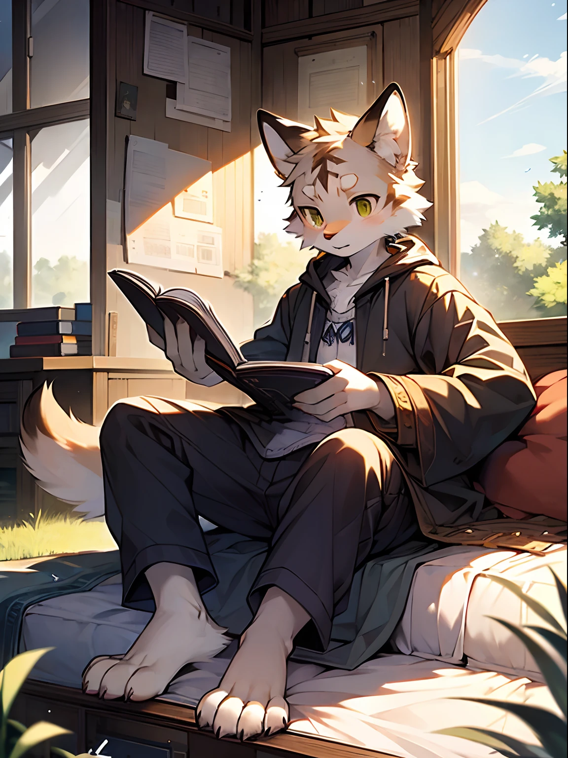 Masterpiece, Best quality, Perfect anatomy, author：K0bit0wani, author：Milk Tiger 1145, (author：Dekkers:0.3), Furry, coyote, Solo, Male, baggy clothes, Open clothes, Eau, Abs, holding book, Detailed background, music sheets, Leaning back, Butterfly, Grass，Shota，Libido boy
