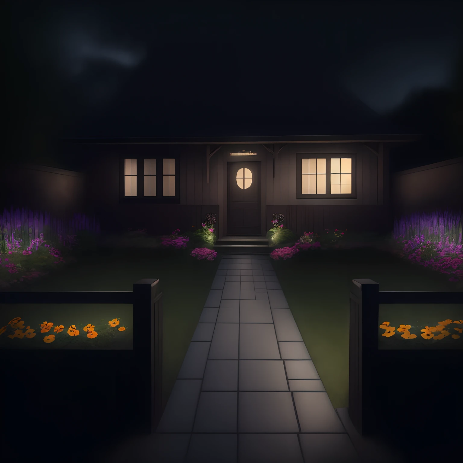 garden, fence, mailbox, letterbox, doorstep, door, front porch, porch, flower pots, pots, planter boxes, entryway, foyer, low stool, stool, garden bench, chair, butterflies, bees, flowers, water feature, wood hot tub, intricate background, stunning background, beautiful background, amazing background, no human, dark sky, dark night, dark theme,