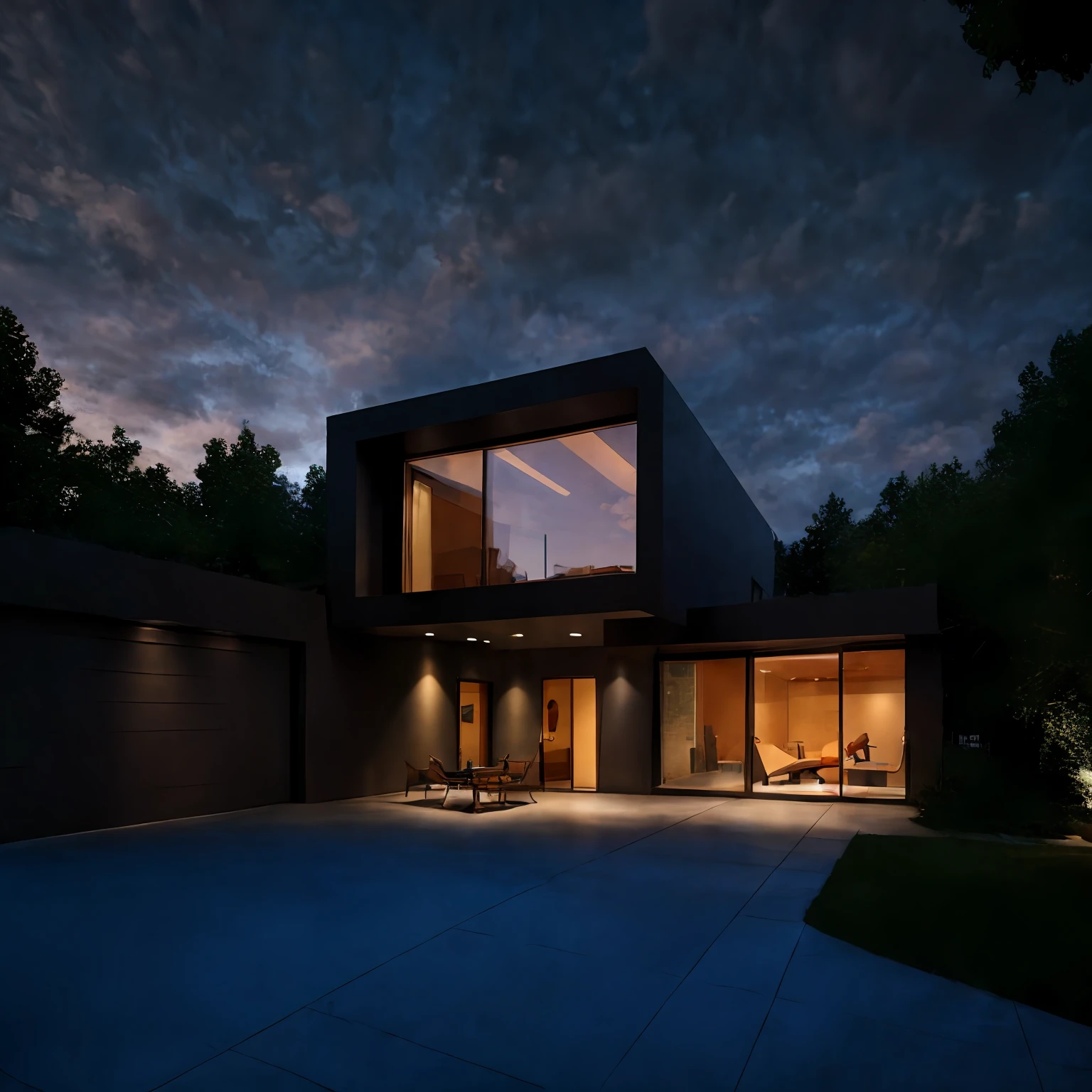Aperture: f/8 - f/16,focal length: 35mm, low distortion, perpestive, modern architecture, ultra realistic, raw photo, sharp focus, tree background, sunlight, glasses window, tile wall,, masterpiece,ultra realistic,32k,extremely detailed CG unity 8k wallpaper, best quality, dark sky, dark night, dark theme,