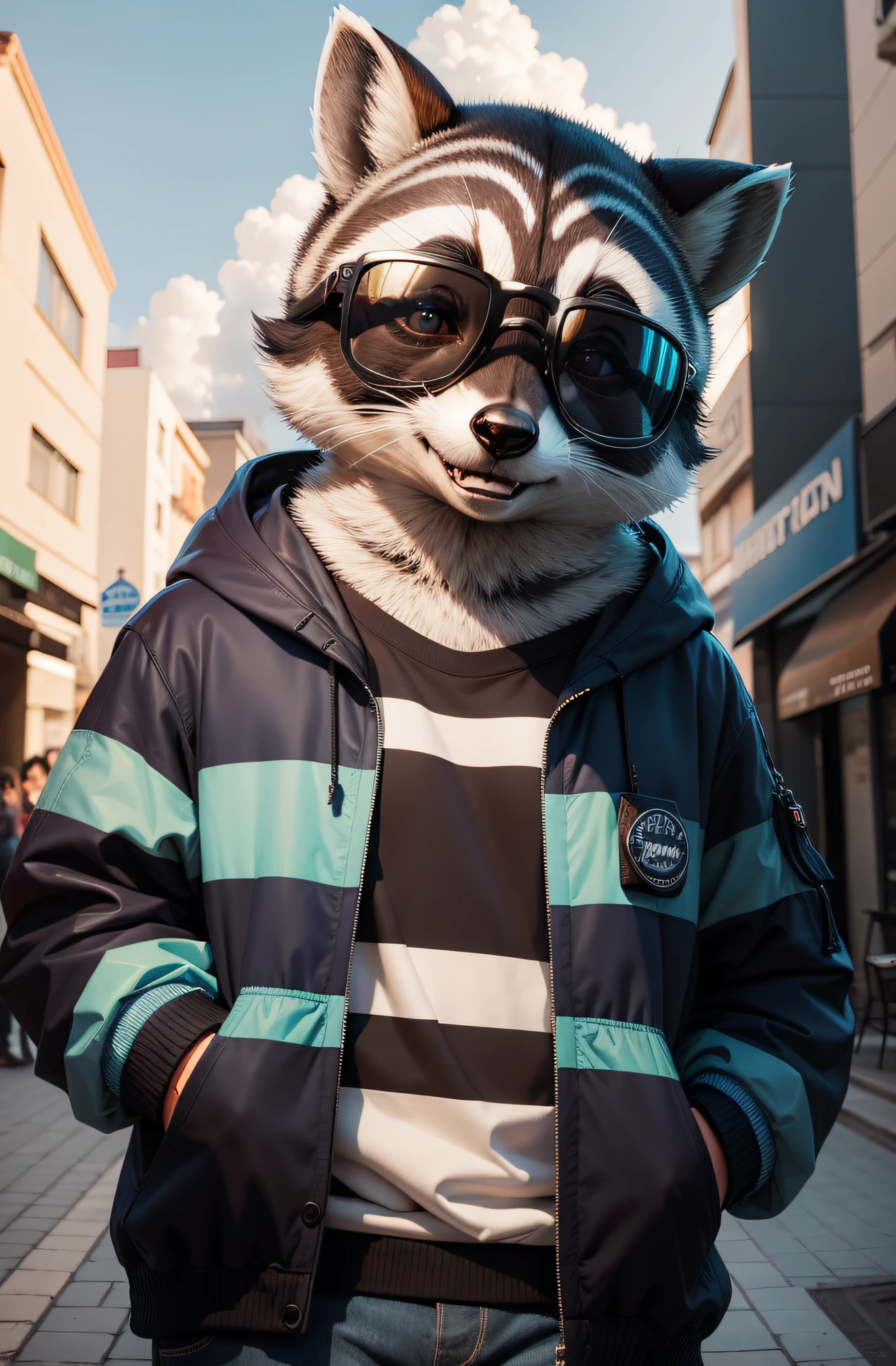 stuffed raccoon Rocky Racon, moletom liso  azul, usando o capuz do moletom, with cell phone on hand, Ultra realista, olhando de frete, sozinho, of sunglasses, amigavel, standingn, sorrindo, Feliz 4K