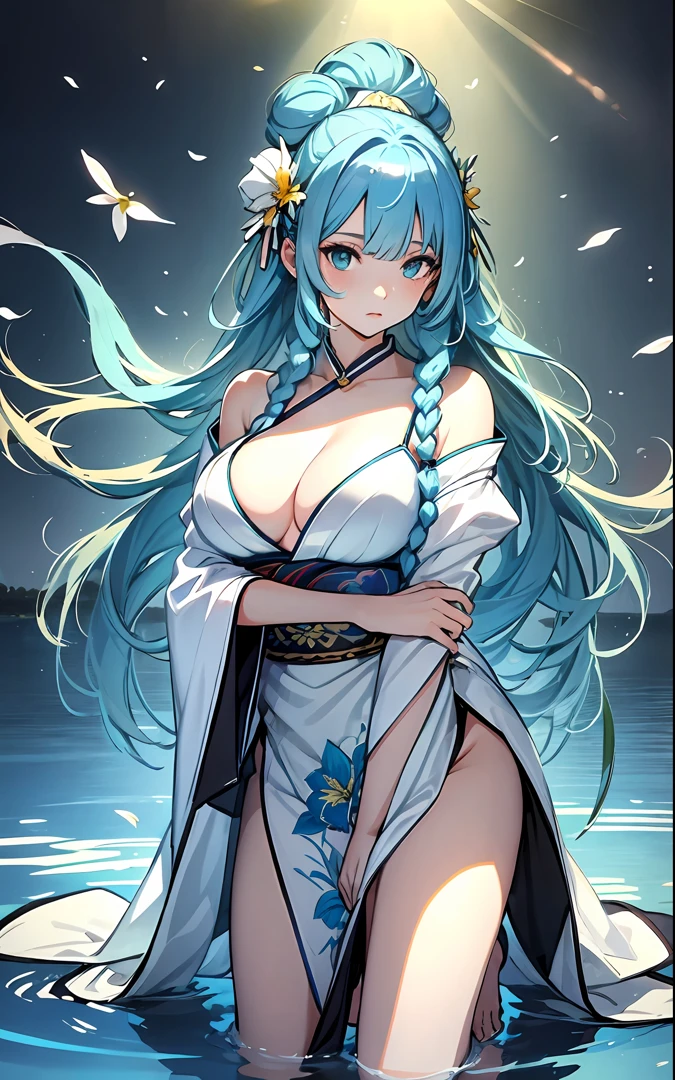 best qualityer,tmasterpiece,Ultimate resolution,downy,Extremely colorful,Colorful,water background,(Lake surface),Dancer,White kimono long dress,huge tit,hair-bun,Fine braids,(Long aqua blue hair),Blue lip gloss,a matural female,(The barefoot),Kneeling pose,daffodil,Normal posture