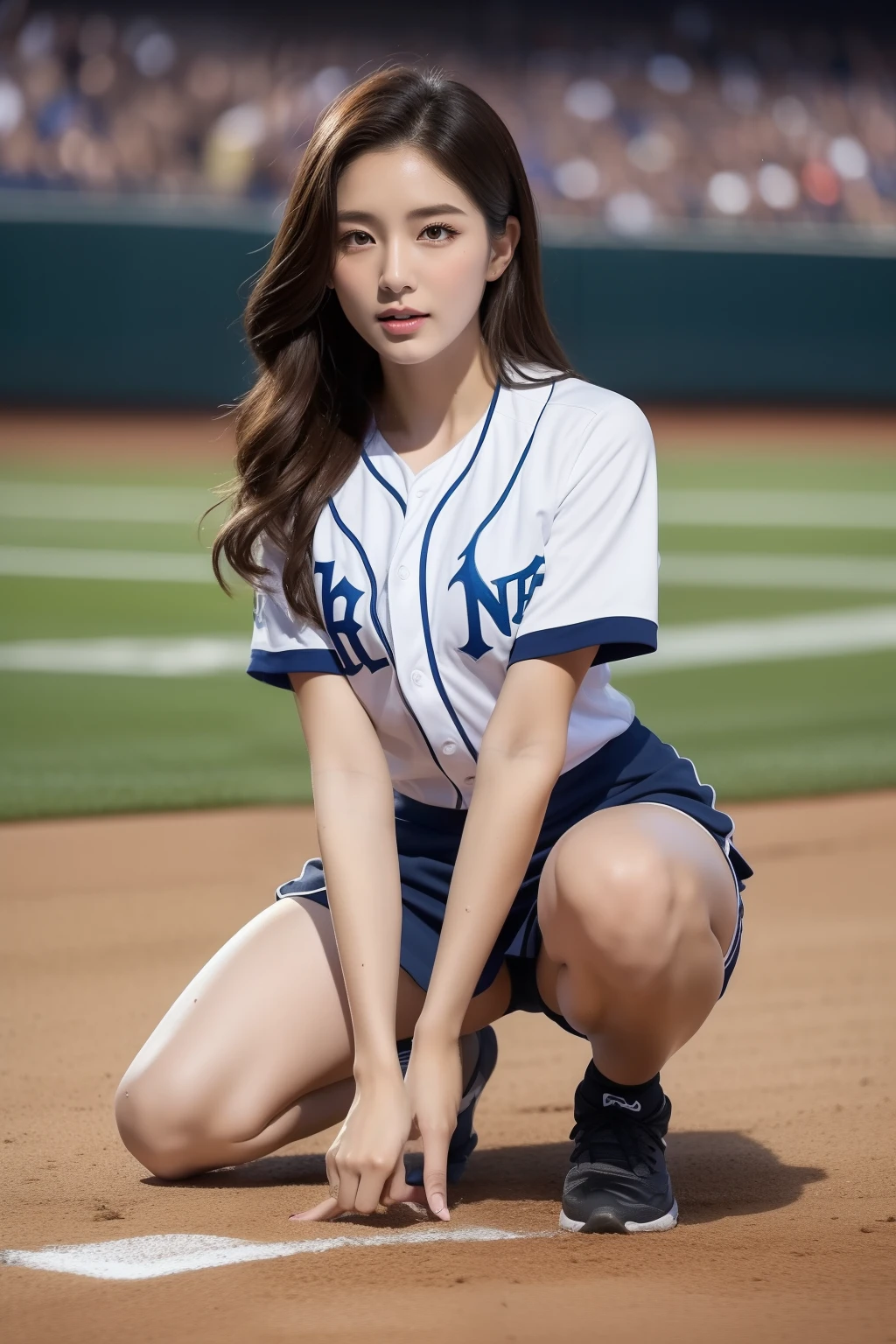 ((Top Quality, 8k, Masterpiece: 1.3)), (kneeling on the floor, open legs :1.2), Perfect Body Beauty : 1.4, large_breasts, Beautiful Woman, 1 Woman, Big: 1.4, Slender Figure : 1.1, Toned Abs, Dark Brown Hair, (baseball, Wet Body, baseball Uniform: 1.1), Ultra Detailed Face, Detailed Lips, Detailed Eyes, Double Eyelids, clear sky, baseball_stadium,