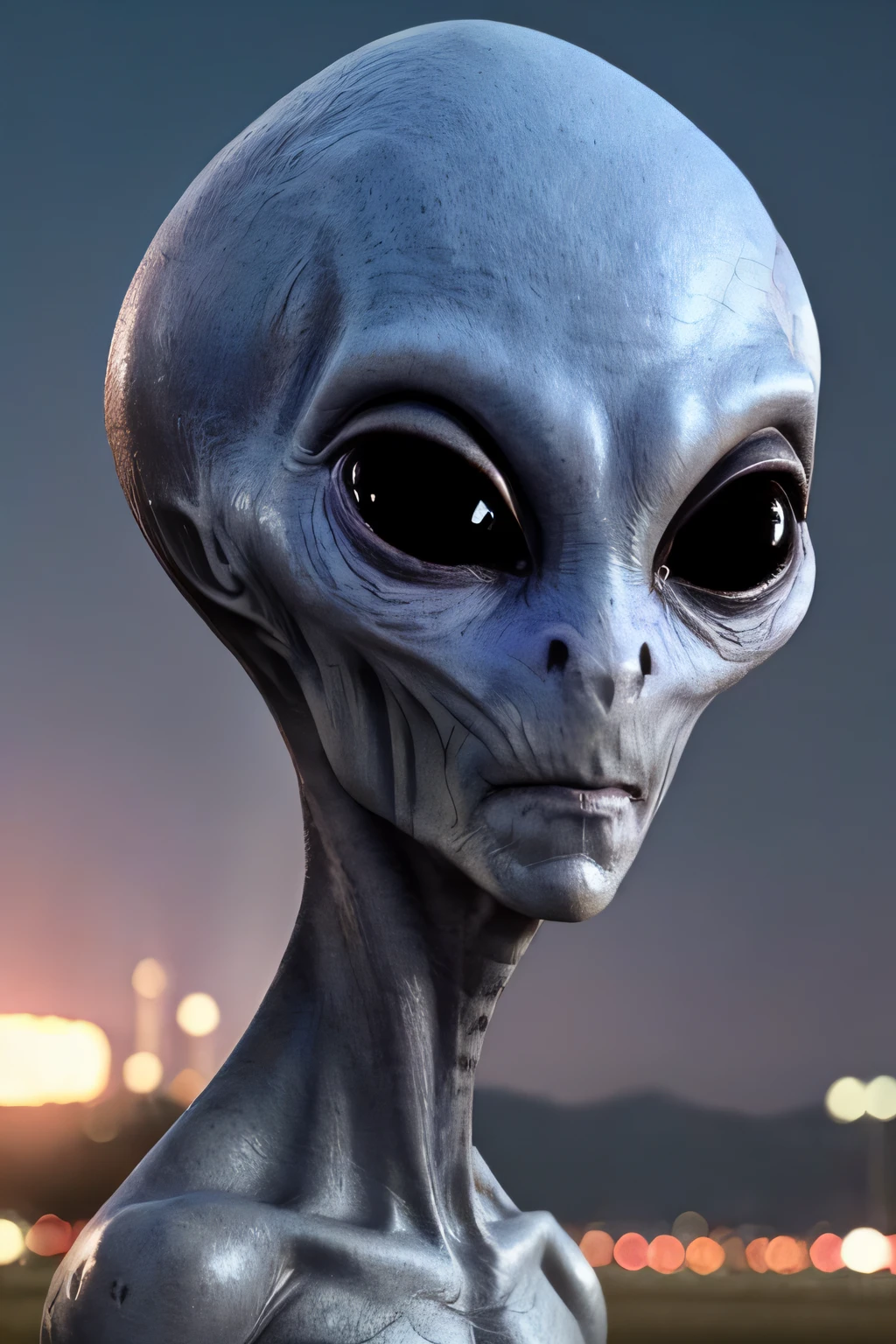 An alien man pointing at the camera with an alien craft behind him, Es de noche, hay poca luz, solo la de algunas farolas y la de la nave espacial, Es un barrio residencial de casas tipicas canadiendes, Los extraterrestres lo alcanzan, Grey alien, Grey alien, extraterrestre, reptilian space alien, extraterrestre, Extraterrestres OVNI, Grey aliens, Extraterrestres, realistic alien, Portrait of a Gray Alien, space alien, alien looking