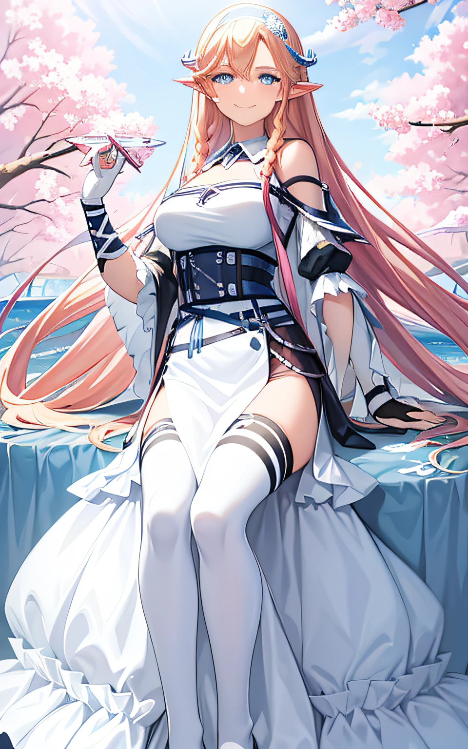 Smiling girl,Powder blue eyes,Long pale pink hair,Long hair that reaches the waist,The background is a pastel pink sky,There are fish floating in suspension,Sideslit,white dresses