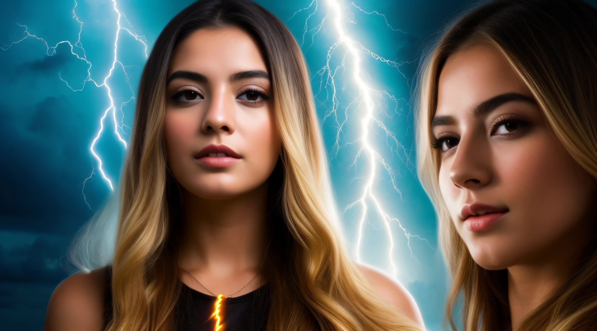 um close up de uma jovem kids blonde long hair  segurando um raio, splashes of lightning behind her, goddess of lightning, lightning fantasy magic, little girl with magical powers, she is attracting lightnings, japanese lightning goddess, maya ali as a lightning mage, efeitos de raios, amazing lightning art, magic and lightning, Explosive lightning spell, eletrizante, epic magical effects