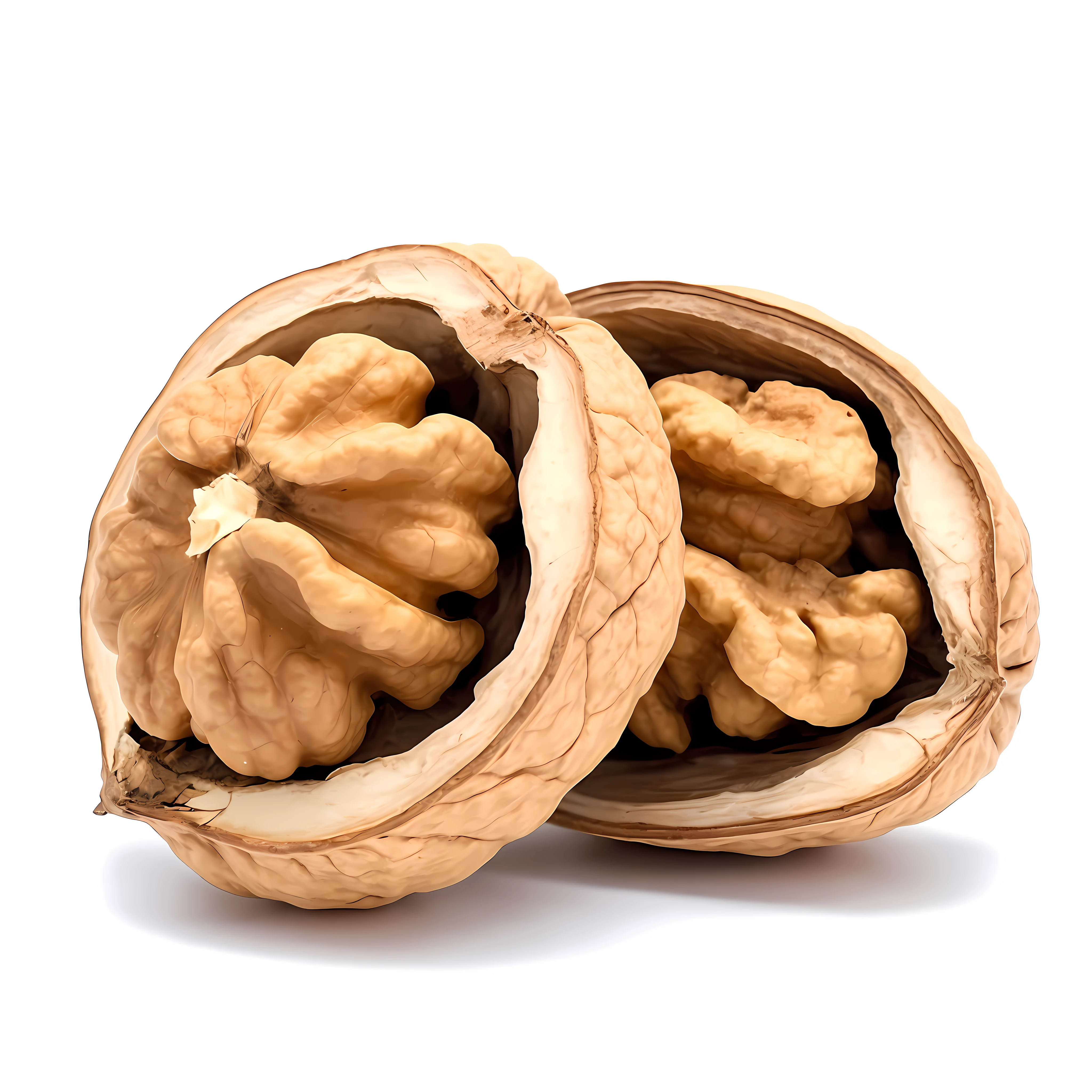 open walnuts on a white background, in the style of subodh gupta, luminous quality, light brown and light beige, he jiaying, bold textures, tumblewave, yervand kochar,UHD,16K,Camera: sony α7III | Lens: Lumix S PRO 24mm f/1.4
