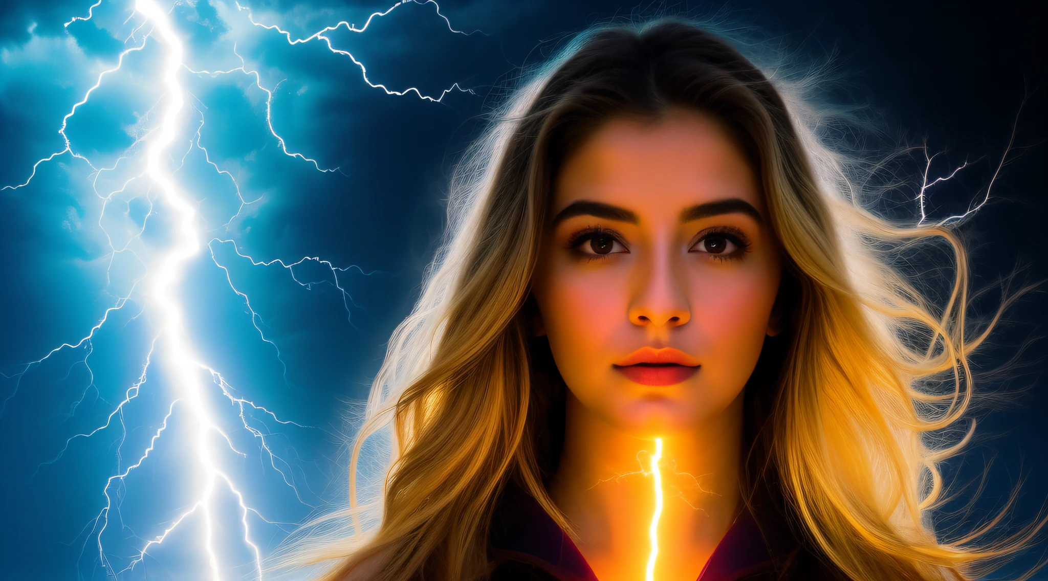 um close up de uma jovem kids blonde long hair segurando um raio, splashes of lightning behind her, goddess of lightning, lightning fantasy magic, with magical powers, she is attracting lightnings, japanese lightning goddess, maya ali as a lightning mage, efeitos de raios, amazing lightning art, magic and lightning, Explosive lightning spell, eletrizante, epic magical effects