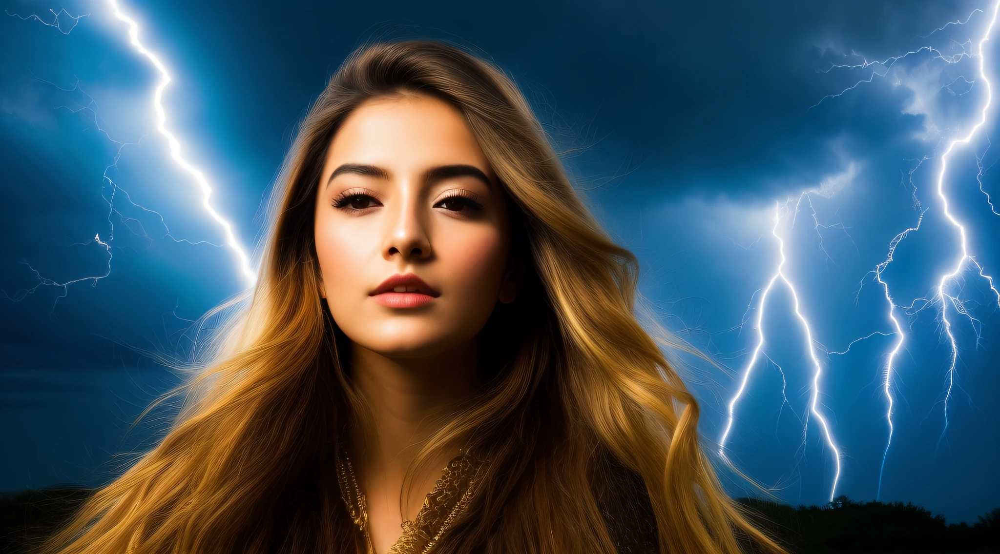 um close up de uma jovem kids blonde long hair segurando um raio, splashes of lightning behind her, goddess of lightning, lightning fantasy magic, little girl with magical powers, she is attracting lightnings, japanese lightning goddess, maya ali as a lightning mage, efeitos de raios, amazing lightning art, magic and lightning, Explosive lightning spell, eletrizante, epic magical effects