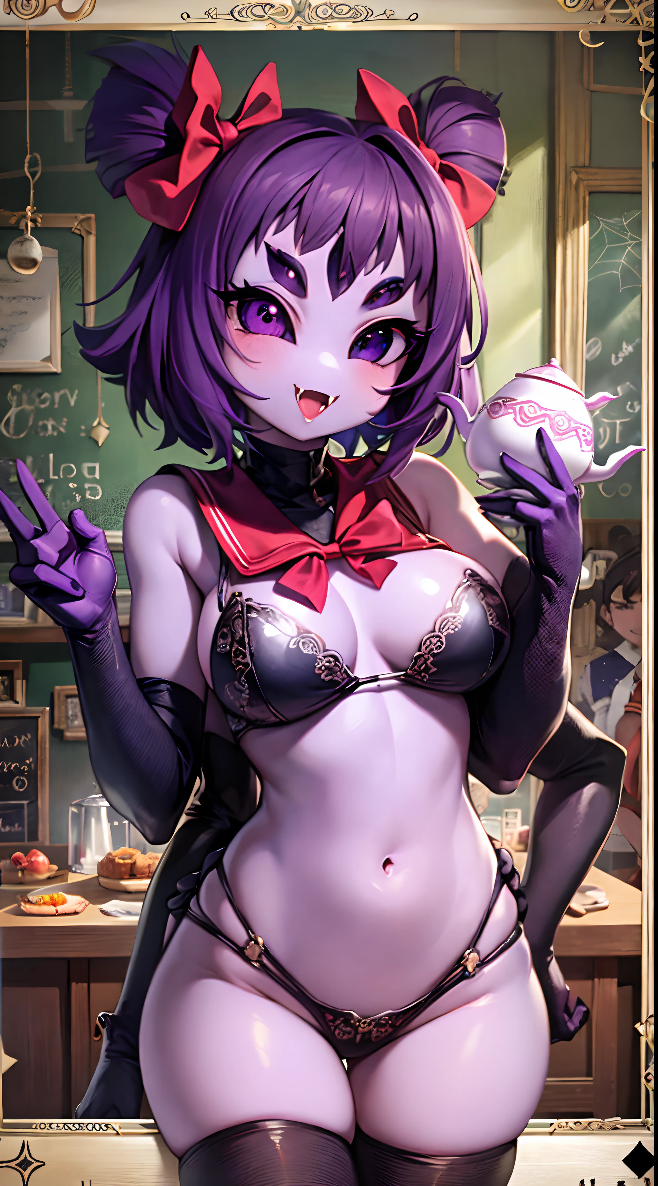 masterpiece, best quality, a beautiful and detailed portrait of muffet, monster girl,((purple body:1.3)), purple skin, humanoid, arachnid, anthro,((fangs)), pigtails, hair bows, 5 eyes, spider girl, 6 arms, solo, smile, sexy, School outfit, open mouth, awesome and detailed background, holding teapot, holding teacup, 6 hands,detailed hands,((spider webs:1.4)),wide angle lens, ((fish eye effect)),  armwear, thick thighs, full body