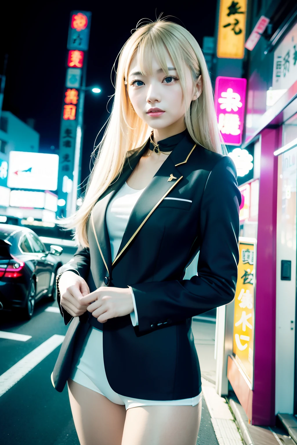 （8K分辨率，Close-up of the night，Photos above the legs，Wave to people on the road，photorealestic），（1 female，age 22，（Rina Fujii's facial features：1.8，Face with thin bones，s delicate face），com rosto detalhado，（Delicate Japanese makeup），Beautiful face，com rosto detalhado，详细的脸，Ultra-fine makeup，Black colored eyes，Long blonde hair，（Windswept hair，Messy has layers），Redlip，Fair smooth skin，（Best Skin Type：1.21），mediuml breasts，（Career suit，Tall figure，perfect hand，Perfect posture，Ultra-fine clothing material），（Streets of Tokyo，Tokyo Kabukicho，neonlight，Exquisite street details，（the night，visitor）），（expressioness：rejoice，exhilarated，confident smile，Rejoice），（profesional lighting，动态照明），（The color is bright，（white colors，in pink，blue colors，black in color）），（Golden section，Cinema lenses，Hasselblad photograp，tmasterpiece：1.3），（youthfulness，vivaciousness，punk，Realisticstyle，Artis）