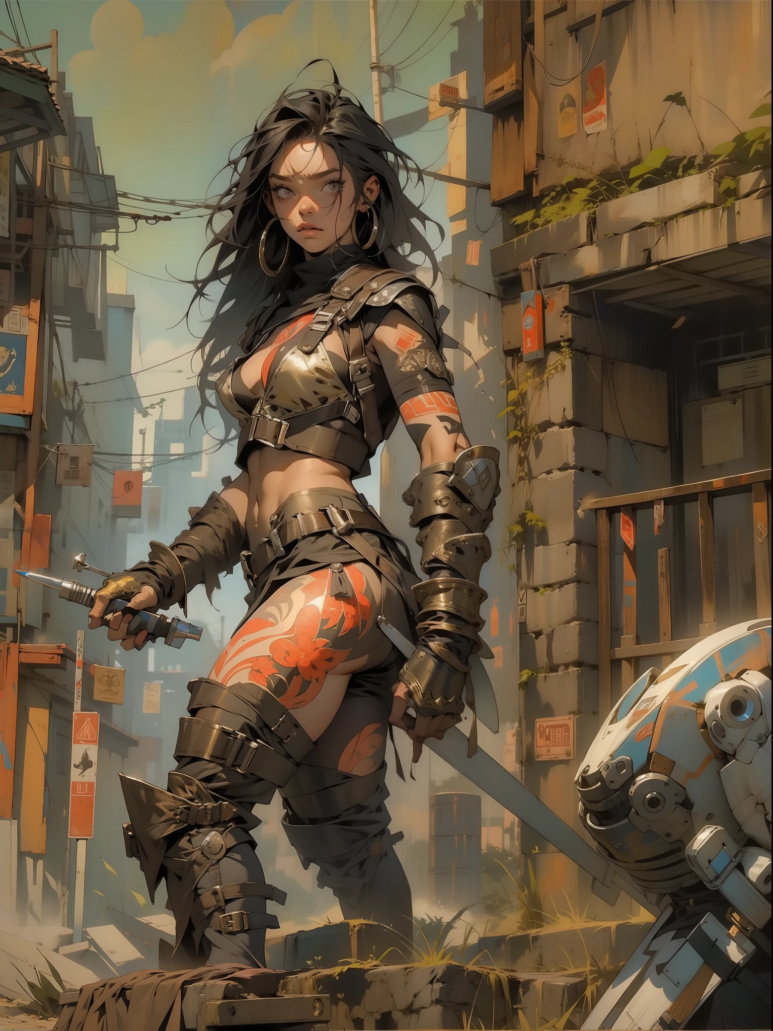 (((female))), (((best quality))), (((master part))), (((adulto))), A post-apocalypse gladiator woman with perfect body, Gladiadores do Brooklyn, hand with gloves and left arm guard made of steel and metal tips, (( sob os peitos )), (( Tiny floss )), quase nu no estilo urbano selvagem de Simon Bisley para o 2000 A.d. capa de revista, Minimum clothing, armadura ( acrylic painting ), cheio de pontas, Tatuagem tribal, ((( do joelho para cima ))), visual intrincado, rosto limpo, pele bronzeada