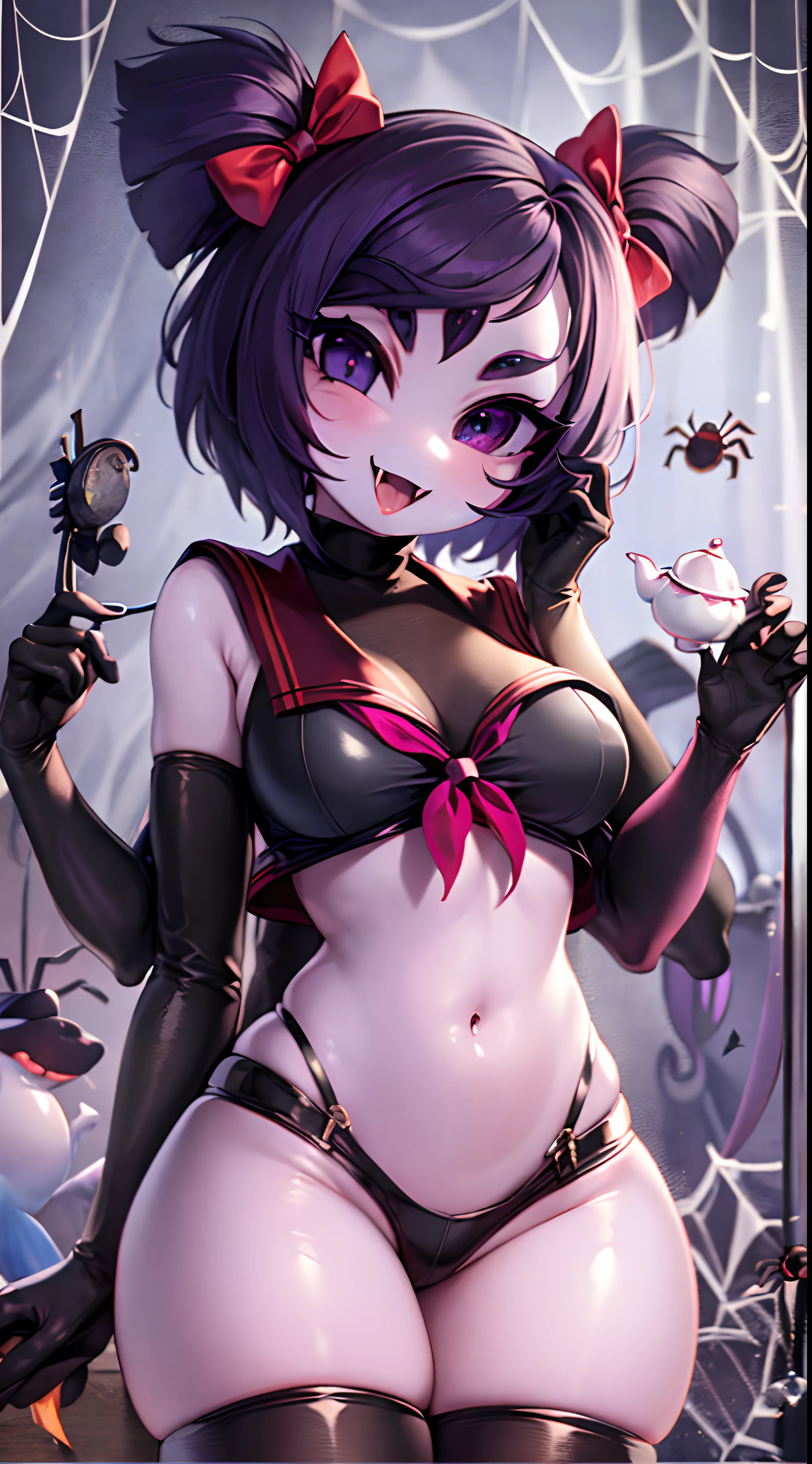 masterpiece, best quality, a beautiful and detailed portrait of muffet, monster girl,((purple body:1.3)), purple skin, humanoid, arachnid, anthro,((fangs)), pigtails, hair bows, 5 eyes, spider girl, 6 arms, solo, smile, sexy, School outfit, open mouth, awesome and detailed background, holding teapot, holding teacup, 6 hands,detailed hands,((spider webs:1.4)),wide angle lens, ((fish eye effect)),  armwear, thick thighs, full body