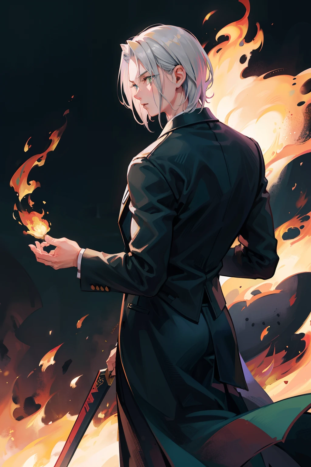 (masterpiece), best quality, detailed hair detailed face, ultra high res, sharp focus, ((1 man, solo)), perfect masculine face, back view, close up, looking to the side, looks away, (at the night time:1.2), (in the burning place:1.3), surrounded in fire, Sephiroth from Final Fantasy, silver white hair, (short hair:1.4), ((perfect shape eyes, green eyes)), (formal all black outfit:1.2), (holding masamune in left hand:1.2)