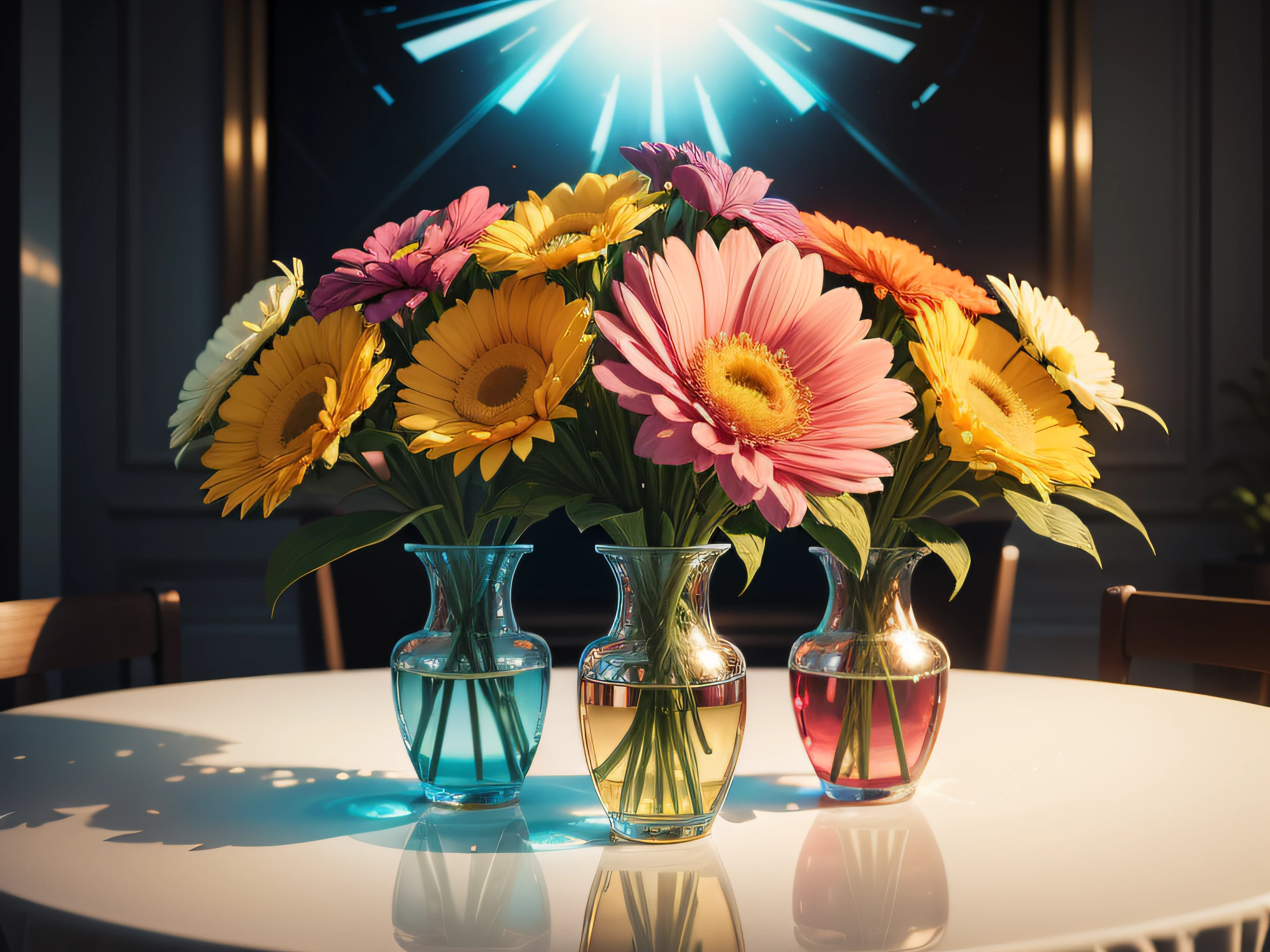 Spring bouquet of bright colors, Small flowers, Flower bouquet, Futuristic vase., Realistically rendered, photo-like style.