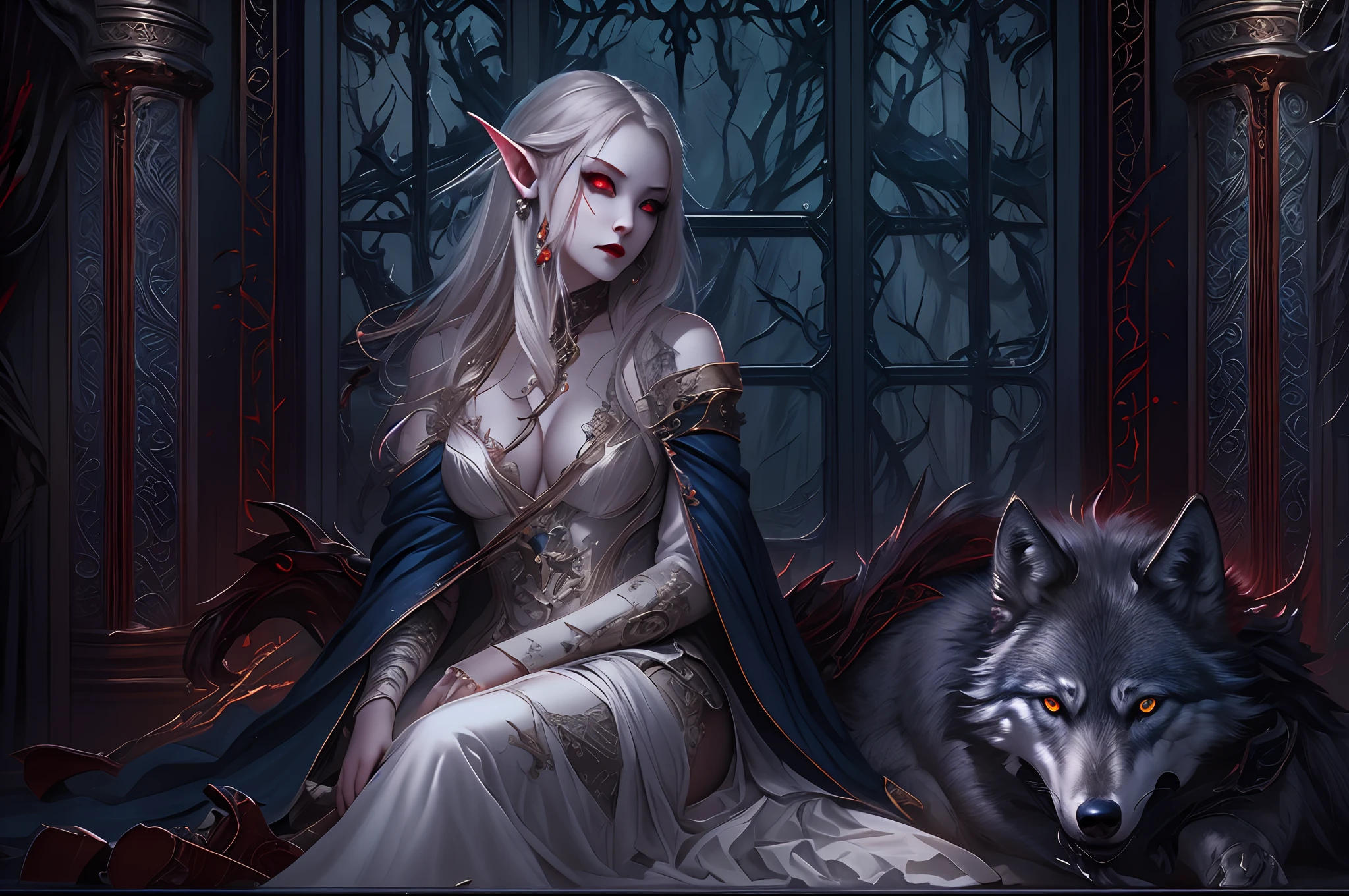 a picture of vampire elf in her castle and her pet wolf, an exquisite beautiful female elf vampire (ultra detailed, Masterpiece, best quality), full body, ultra detailed face (ultra detailed, Masterpiece, best quality), grey skin, blond hair, hair in a ponytail, long hair, blue eyes, cold eyes, glowing eyes, intense, eyes small pointed ears, smirking, smile with drops of blood on face (ultra detailed, Masterpiece, best quality), dark red lips, [vampire fangs], wearing white dress (ultra detailed, Masterpiece, best quality), dark blue cloak, high heeled boots in dark fantasy library, with an big grey wolf (Masterpiece, best quality) book shelves, high details, best quality, 8k, [ultra detailed], masterpiece, best quality, (ultra detailed), full body, ultra wide shot, photorealism, RAW, dark fantasy art, moon light coming through the window, moon rays, gothic art, sense of dread, sense of seduction