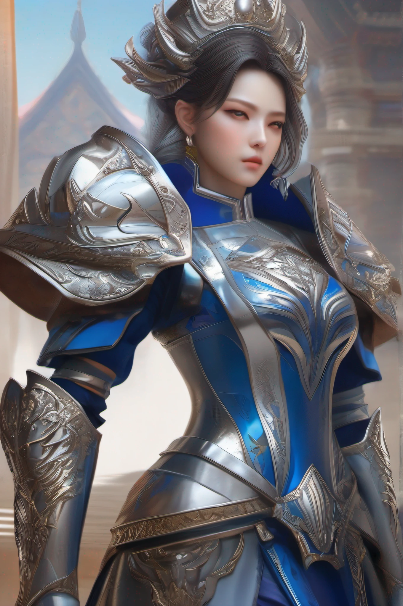 a close up of a woman in a silver and blue dress, chengwei pan on artstation, by Yang J, detailed fantasy art, stunning character art, fanart best artstation, epic exquisite character art, beautiful armor, extremely detailed artgerm, detailed digital anime art, artgerm on artstation pixiv, armor girl