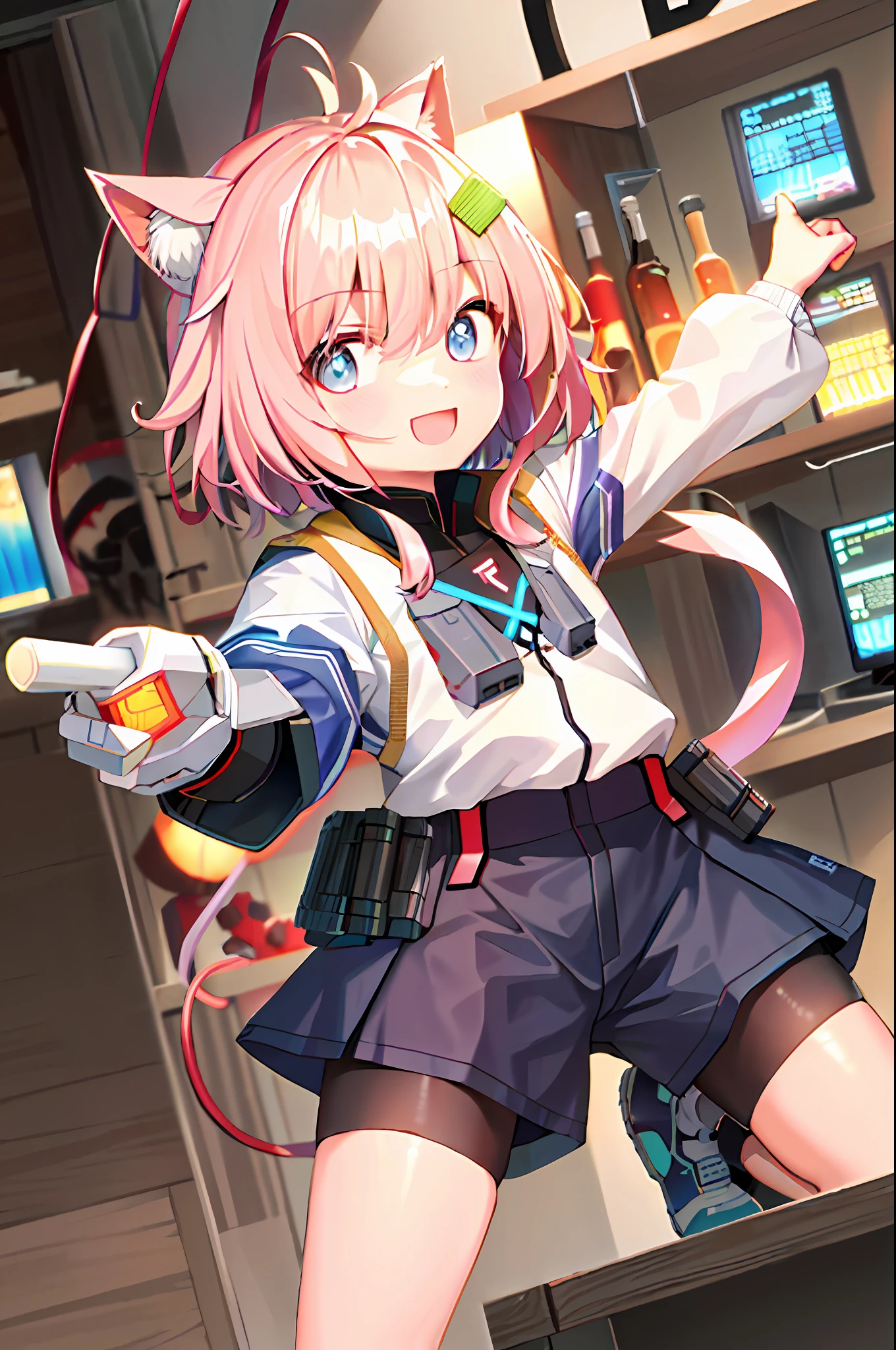 masterpiece, highres, 1girl, goddess of victory: nikke, pepper_(nikke), ペッパー(勝利の女神_NIKKE), beautiful face, detailed face, pink hair, bangs, headphones, gloves, blue neckerchief, sweater, thighs, blush, smile, large breasts, full body, bare shoulders, eyebrows visible through hair, headgear, long hair, looking at viewer, sweater dress, vest, standing