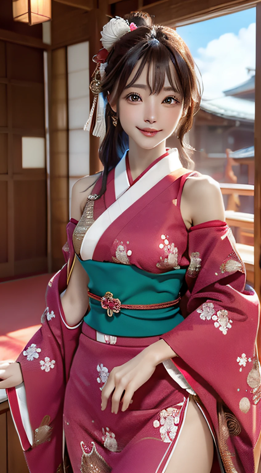 Official art, 统一 8k 壁纸, ultra-detailliert, Beautifully Aesthetic, masterpiece, top-quality, (Zentangle, Tangles, Entanglement), (Fractal Art: 1.4), 1girl in, A dark-haired, japanse, bare shoulders, a short skirt, Calf, a navel, ighly detailed, dynamic ungle, cowboy shot, (The most beautiful forms of chaos), A flowing, (bright colour), nffsw, (half: 1.2), japanese-inspired, (Tanka Flying Sky: 1.5), (bow ribbon: 1.3), (Dreams: 1.5), (A Japanese style: 1.5), Japan Phoenix、(A smile:0.5)、(japanese god)、