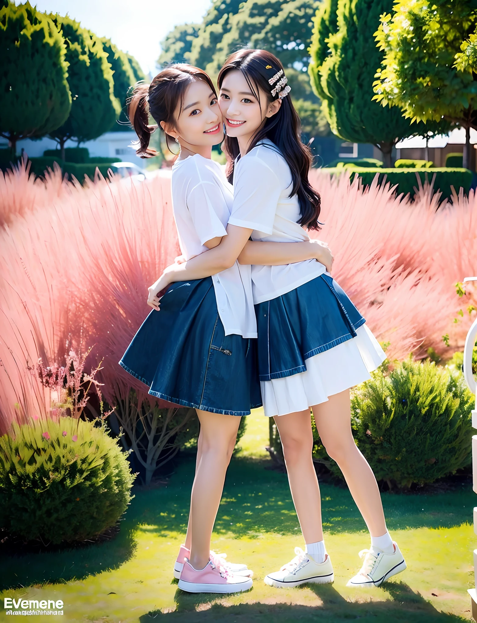 （RAW photogr，超高分辨率，tmasterpiece，best qualtiy：1.4），Complicated details，2 20 year old Korean girl，Wear a stylish t-shirt and stylish micro-flared jeans，Stand on the grass and take pictures，hugs，Intimate relationships，detailed outfits，Detailed meadow，A sweet and healing smile appeared on the little face，The face and skin are pink and fair，Ultra-realistic facial details，Beautiful ribbon hair accessories，Playful and coquettish pose，The calves are straight and slender:1.5，Wear high-end branded colorful travel shoes:1.5，eventide，warm color，Broad lighting，naturalshadow，taken from behind，Beautiful waist and hips，taking a full body photo:1.8