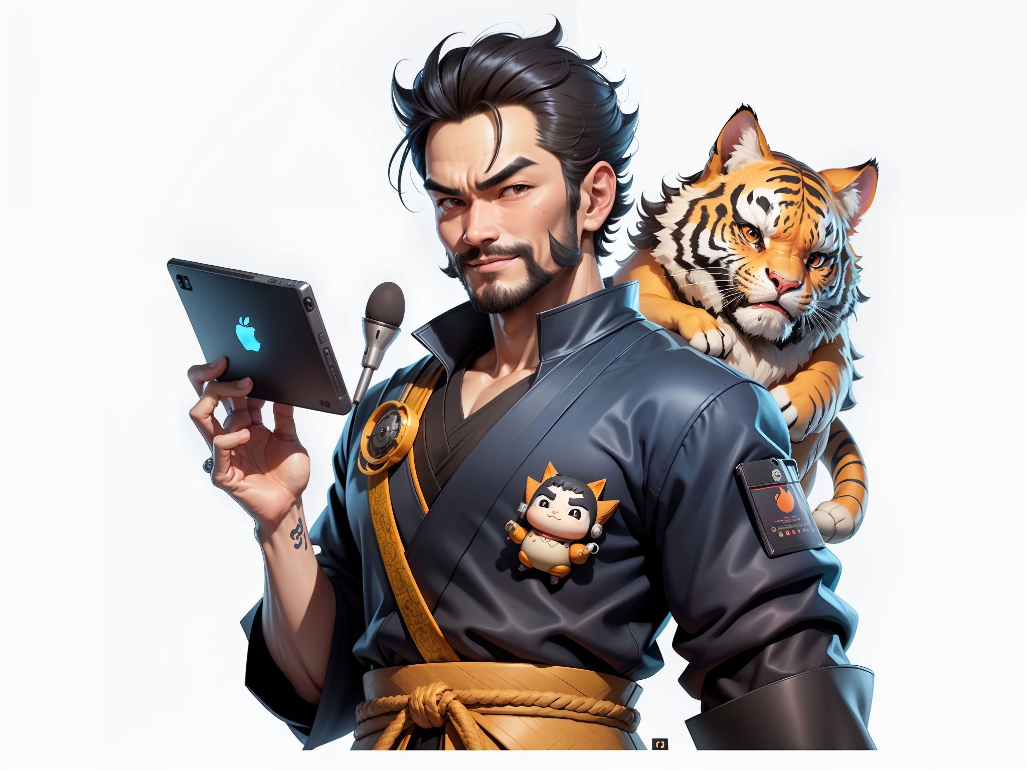 (Daisaku),(Need),(Super meticulous),(full bodyesbian:1.2),Super young man with Japanese geisha，Beautiful，orient，one tiger，Aeolian Thor，Raised sexy，爆乳，Oriental face，TV Anchor，Bust portrait illustration，In black suit，a blue tie，The face is slightly chubby，The face was clean，without a beard，Black super short hair，Black eyes，Smile confidently，3C computer sub-products，iPad， iphone，Digital painting，3D character design by Mark Clairen and Pixar and Hayao Miyazaki and Akira Toriyama，The illustration is a high-definition illustration in 4K resolution，With very detailed facial features and cartoon-style visuals。