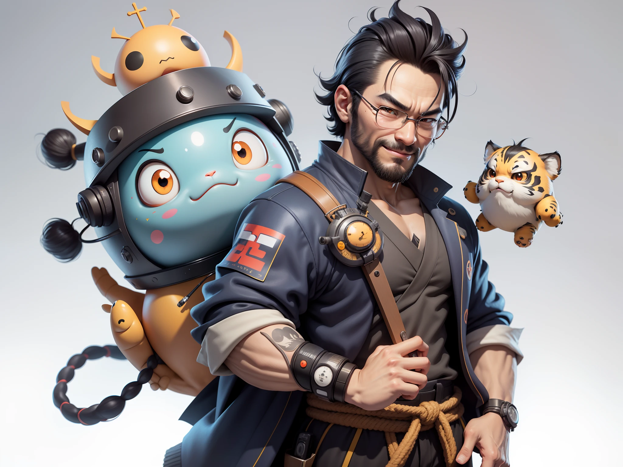 Young man with oriental face in leather hat, dragon, formal suit, short black hair, silver glasses, digital painting, 3D character design by Mark Clairedon and Pixar and Hayao Miyazaki and Akira Toriyama, the illustration is a high-definition illustration in 4K resolution with very detailed facial features and cartoon-style visuals.