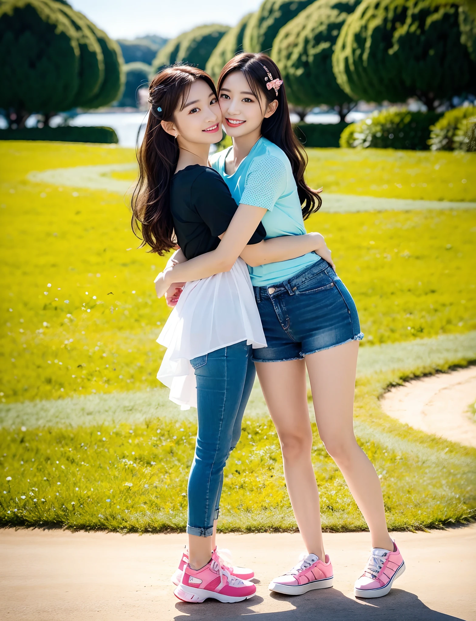 (RAW photogr,超高分辨率,tmasterpiece,best qualtiy:1.4),Complicated details,2 20 year old Korean girl,Wear a loose black T-shirt and skinny jeans,Stand on the grass and take pictures,hugs,Intimate relationships,Detailed meadow,A sweet smile on a small face,The face and skin are pink and fair,Ultra-realistic facial details,Playful and coquettish pose,The calves are straight and slender:1.5,Wear high-end branded colorful travel shoes:1.5,eventide,warm color,Broad lighting,naturalshadow,taking a full body photo:1.8