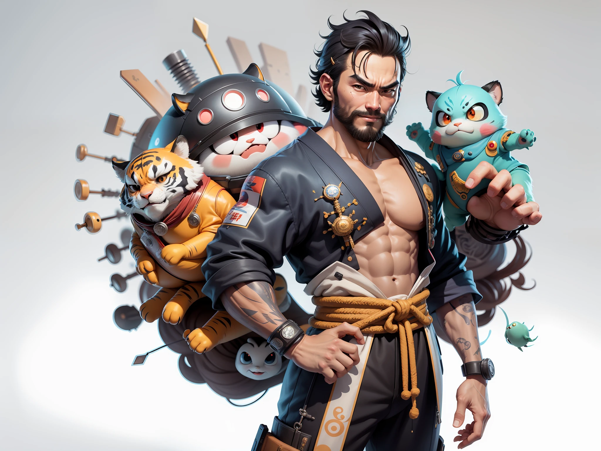 (Daisaku),(Need),(Super meticulous),(full bodyesbian:1.2),Super young man with Japanese geisha，Beautiful，orient，one tiger，Aeolian Thor，Raised sexy，爆乳，Oriental face，TV Anchor，Bust portrait illustration，In black suit，a blue tie，The face is slightly chubby，The face was clean，without a beard，Black super short hair，Black eyes，Smile confidently，3C computer sub-products，iPad， iphone，Digital painting，3D character design by Mark Clairen and Pixar and Hayao Miyazaki and Akira Toriyama，The illustration is a high-definition illustration in 4K resolution，With very detailed facial features and cartoon-style visuals。