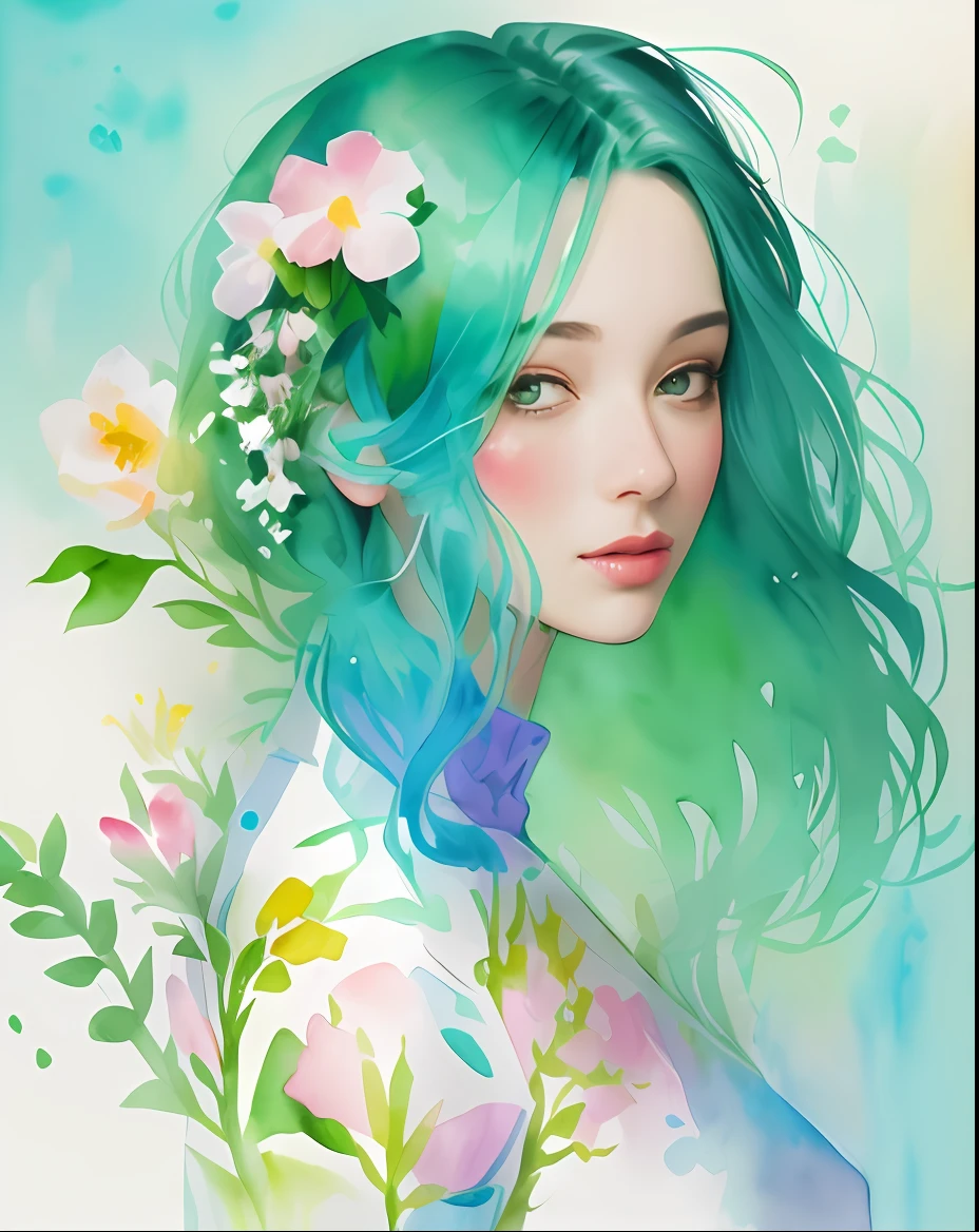 watercolor painting of a woman with a flowered head and a green background, painterly watercolor illustration, woman in flowers, an expressive digital watercolor painting, by Sergio Burzi, inspired by Pascale Campion, female watercolor portrait with flowers, by Zofia Stryjenska, by Keren Katz, james jean and petra cortright, digital art watercolor illustration, in style of watercolor digital painting