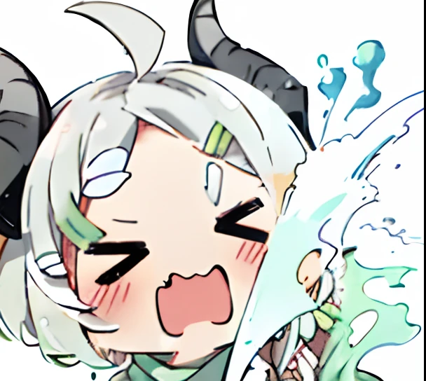 chibi,((light green scarf)),white hair,short hair,ahoge,french braid,((green hairclip)),(((dark grey horns))),(>_<:1),
closed_eyes,chibi,sketch,(((spray water )))