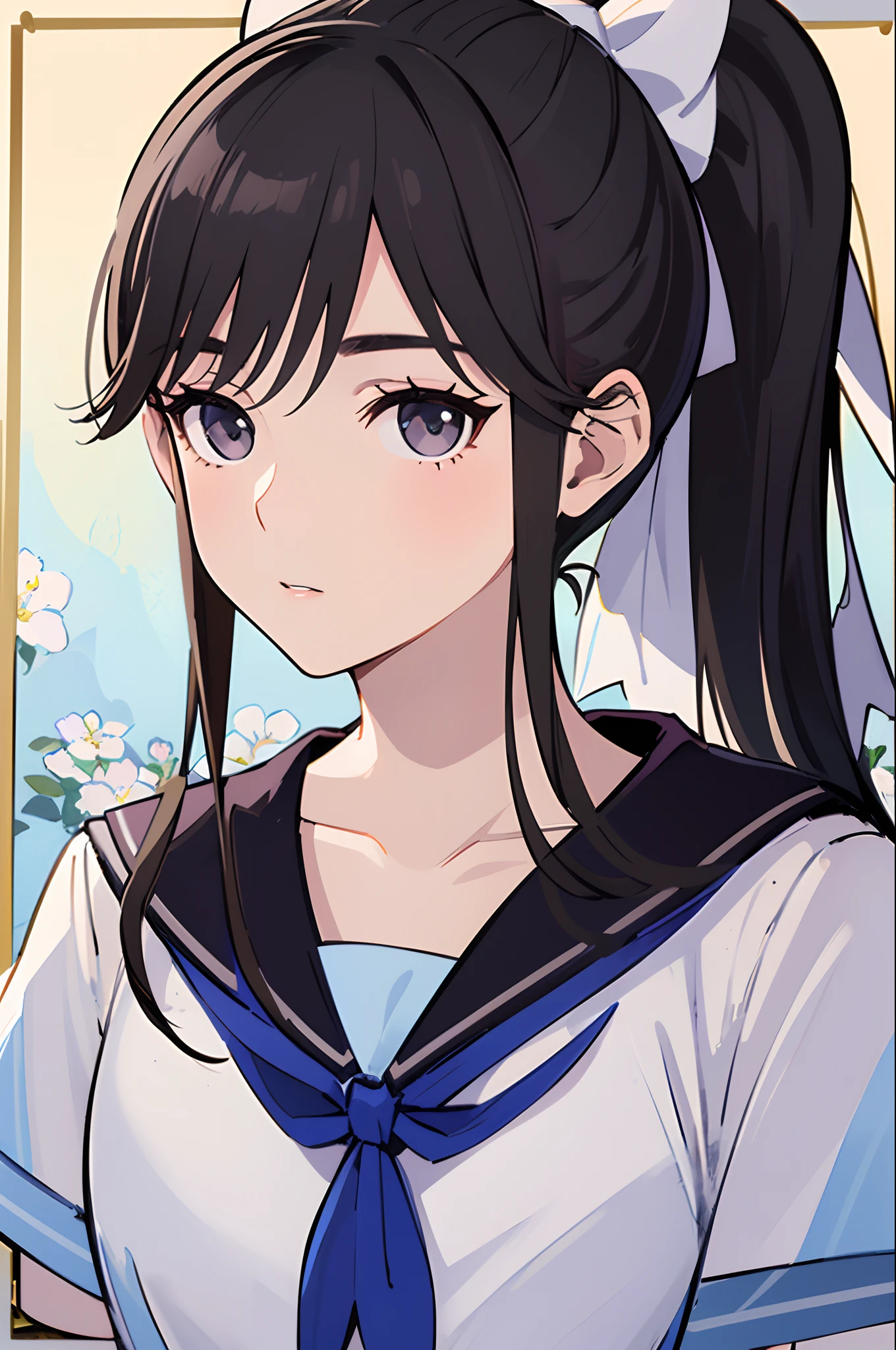 European woman face portrait、Flower Frame、Decorative panel、abstract  art、By Alphonse Mucha (​masterpiece、top-quality、hight resolution: 1.4)、detaileds、(((sailor school uniform:1.2))), ((ponytail)), intricate-detail、4K、color splashes、line-drawing、Fibonacci、