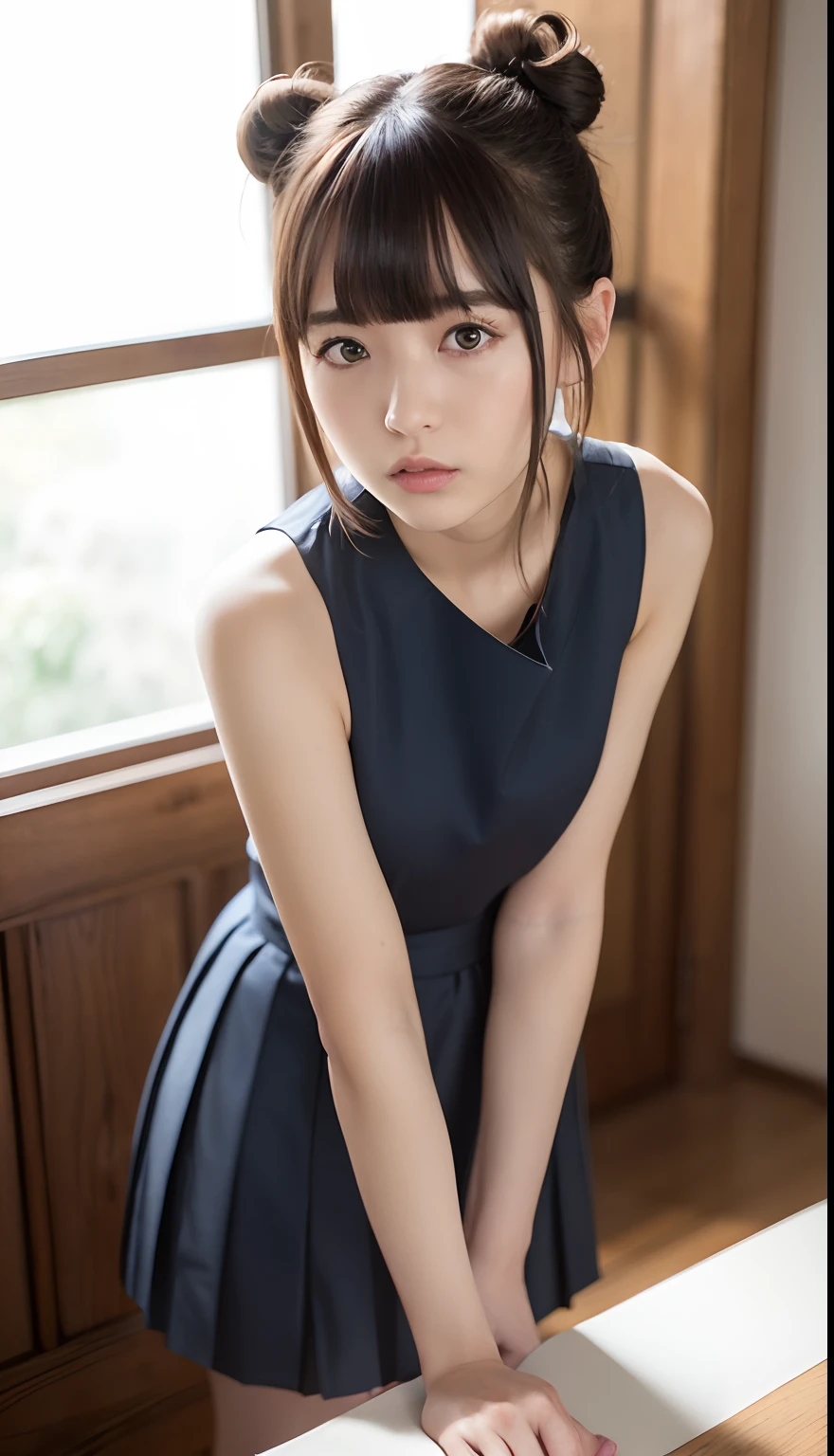 (Raw photography、top-quality)、(realisitic、Photorealsitic:1.3)、top-quality、masterpiece、extremely delicate and beautiful、A highly detailed、nffsw、A sense of unity、2k wallpaper、magnifica、Beautiful in every detail、masterpiece、浅笑、top-quality、Highly detailed ticker Unity 8K wallpapers、huge filesize、ultra-detailliert、hight resolution、ighly detailed、Female 1 Person、、Slim body、A slender、(Black Leotard Top:0.7)、(Dark blue pleated skirt:1.2)、(Bun hair)、(brown haired)、looking at viewert、Small、small tits、A-cup、Face Close-up、NSFW、、、、PureFace_v1:0.8 Short Hair、