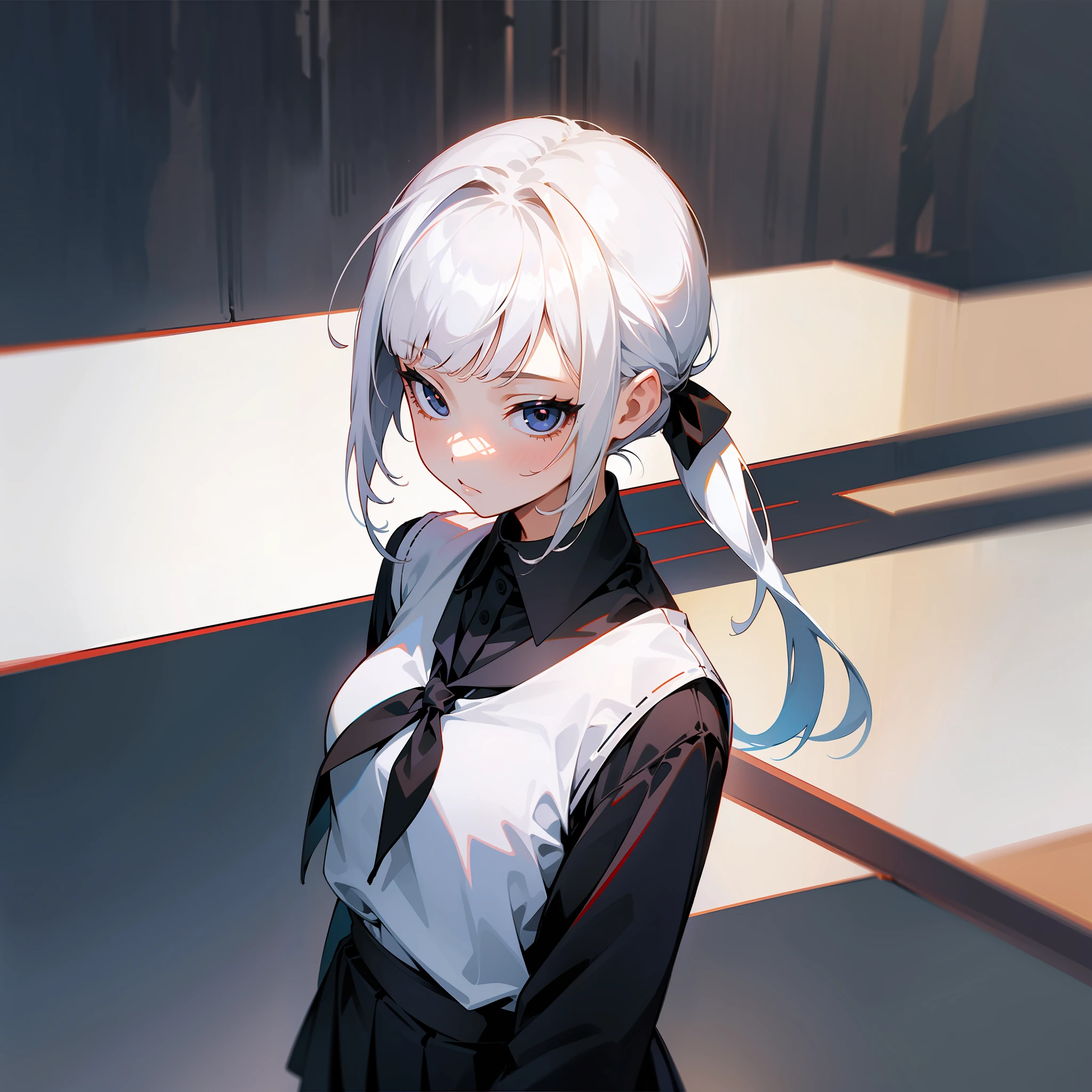 MKSKS style, (Very detailed background:1.0), (highly detailed back ground:1.0), 1girll, full_Body,,frontage,Masterpiece, Best quality, (1girll, Solo, Girl:1.2),,White hair,Best shadow,Upper body,Black eyes,low tied hair,Low ponytail,school uniform