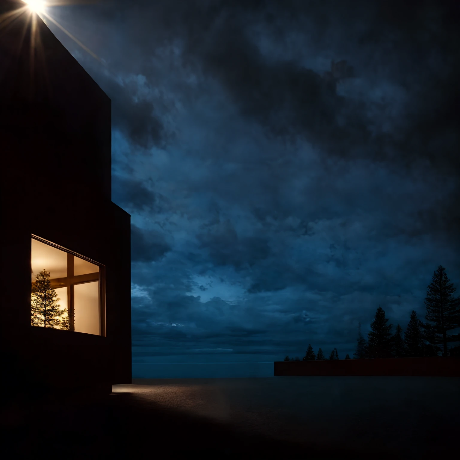 Aperture: f/8 - f/16,focal length: 35mm, low distortion, perpestive, modern architecture, ultra realistic, raw photo, sharp focus, tree background, sunlight, glasses window, tile wall,, masterpiece,ultra realistic,32k,extremely detailed CG unity 8k wallpaper, best quality, dark sky, dark night, dark theme,
