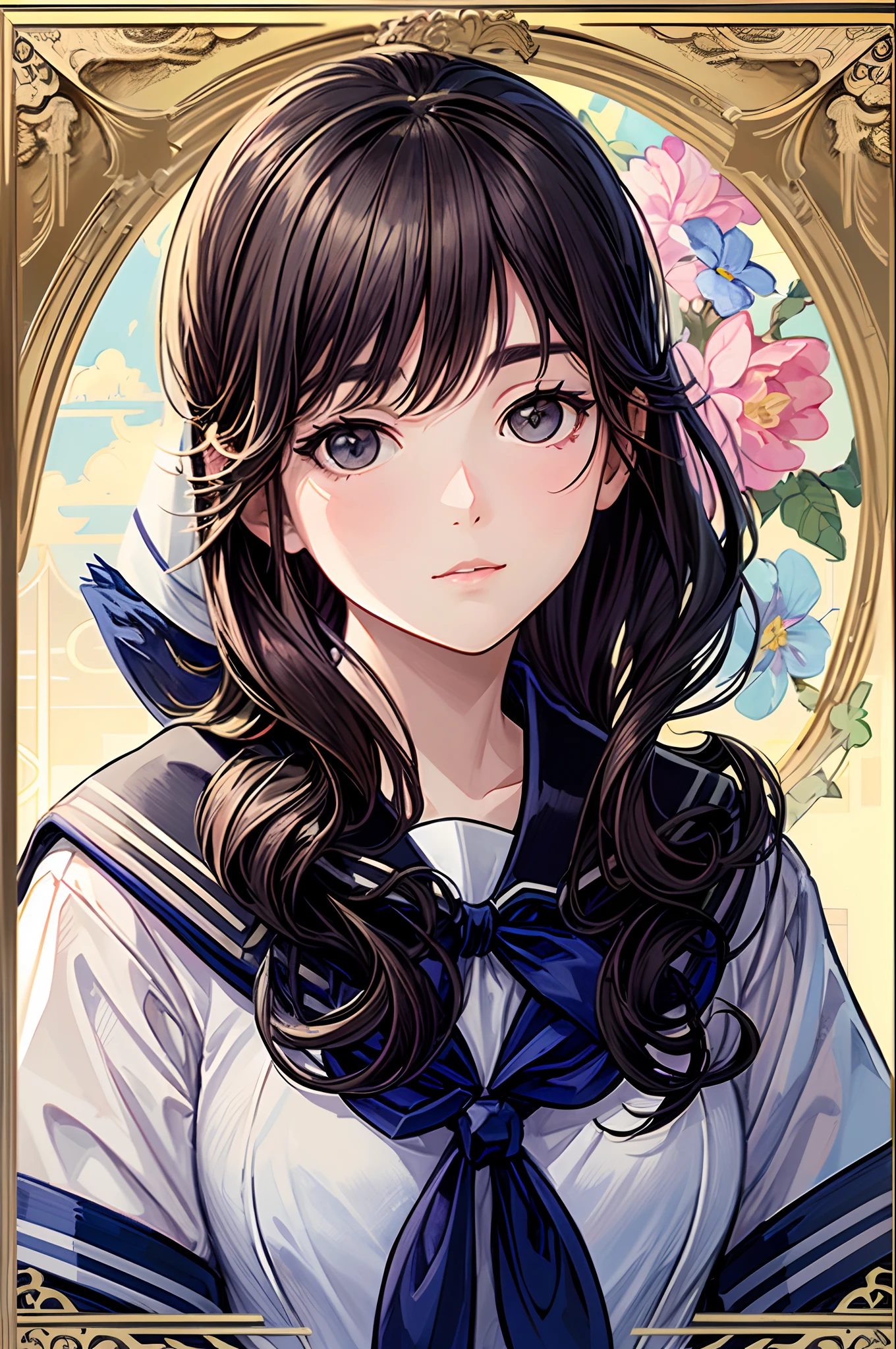 European woman face portrait、Flower Frame、Decorative panel、abstract  art、By Alphonse Mucha (​masterpiece、top-quality、hight resolution: 1.4)、detaileds、(((sailor school uniform:1.2))), intricate-detail、4K、color splashes、line-drawing、Fibonacci、
