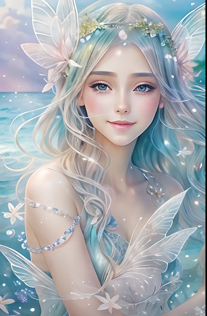 Beautiful fairy with a sense of transparency､Beautiful sparkling ocean、Transparent feathers､kindly smile､Summer background､Gentle and transparent fairy､Watercolor Paint､Men and women in love