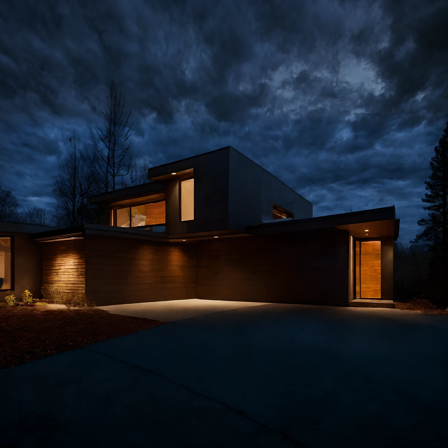 Aperture: f/8 - f/16,focal length: 35mm, low distortion, perpestive, modern architecture, ultra realistic, raw photo, sharp focus, tree background, sunlight, glasses window, tile wall,, masterpiece,ultra realistic,32k,extremely detailed CG unity 8k wallpaper, best quality, dark sky, dark night, dark theme,