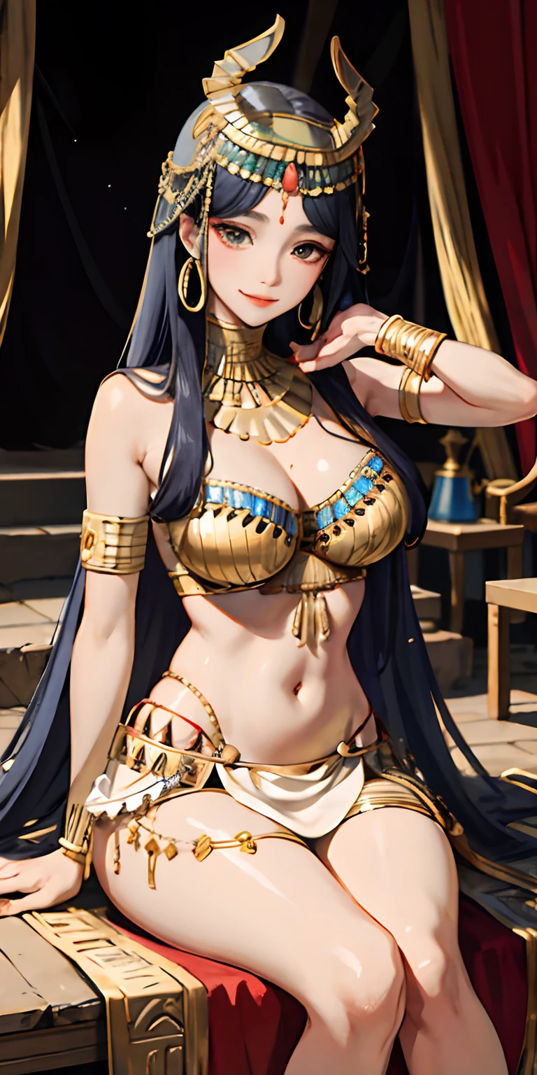 realisticlying、Ancient Egypt、Girls in Cleopatra style、Clothing in the time of the pharaohs、Slightly emphasize the chest and cleavage、Face Real、A sexy、Face smile big chest