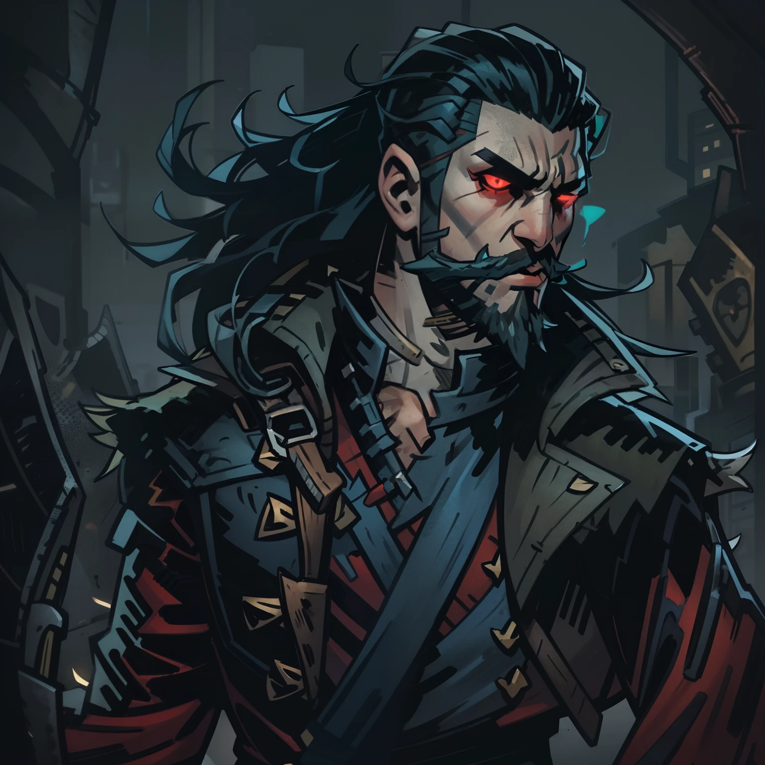 Darkest dungeon style, one man, hunk, shoulder long hair, cruel face, short beard, glowing red eyes, dark blue hair, wearing big green classy coat, red shirt, dragon scales