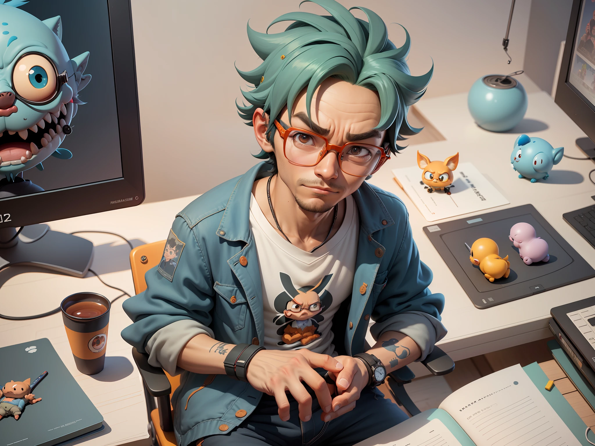 A young man with glasses sits at his desk，holding laptop，digitial painting，3D character design by Mark Clairen and Pixar and Hayao Miyazaki and Akira Toriyama，4K HD illustration，Very detailed facial features and cartoon-style visuals。