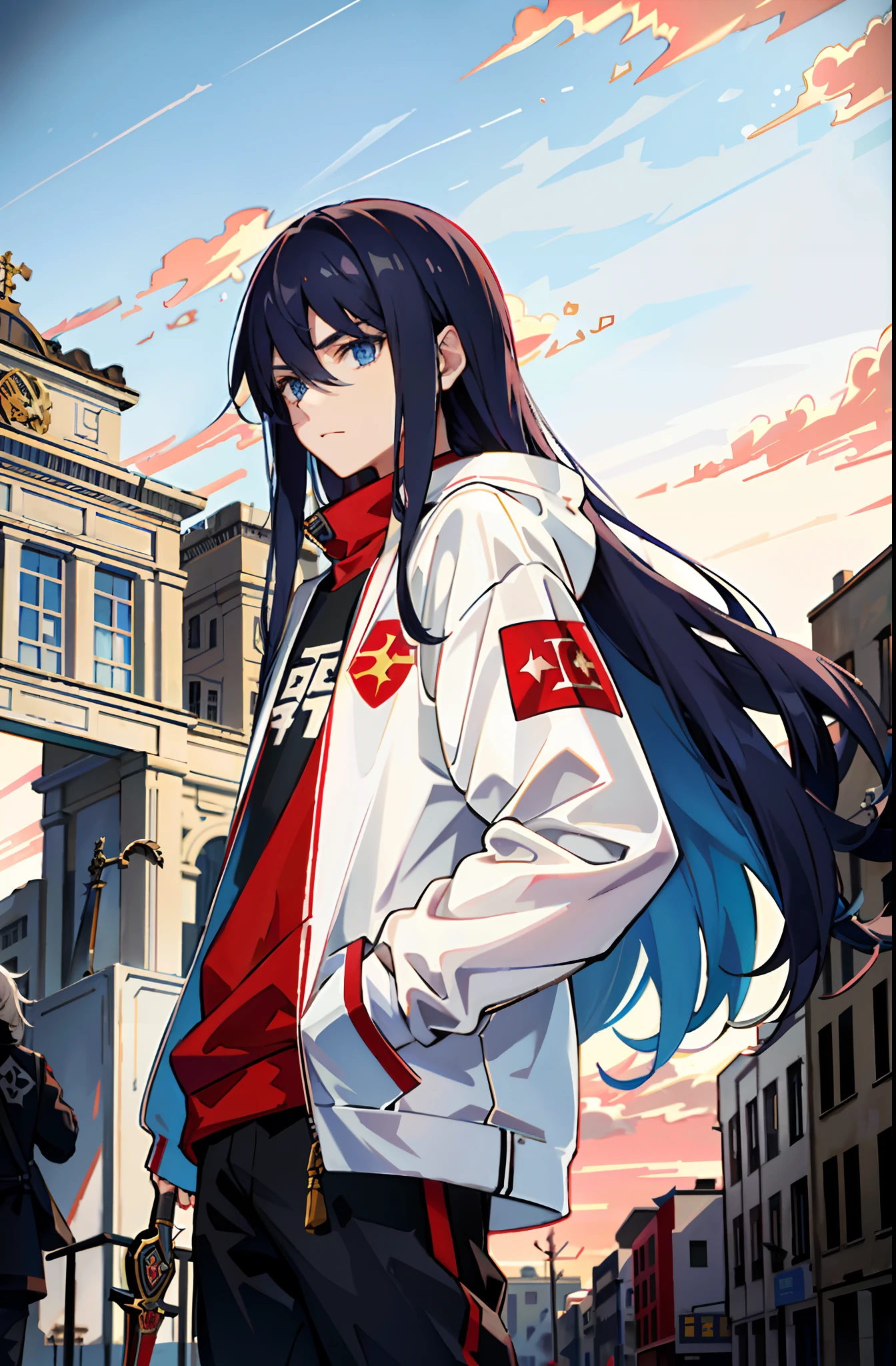 (tmasterpiece,best qualtiy),A beautiful boy with long white hair,blue color eyes,Sweatshirt,communism,socialism,Sickle hammer,Red sky,Clouds,One guy,droid,buildings,sci-fy,城市,hentail realism